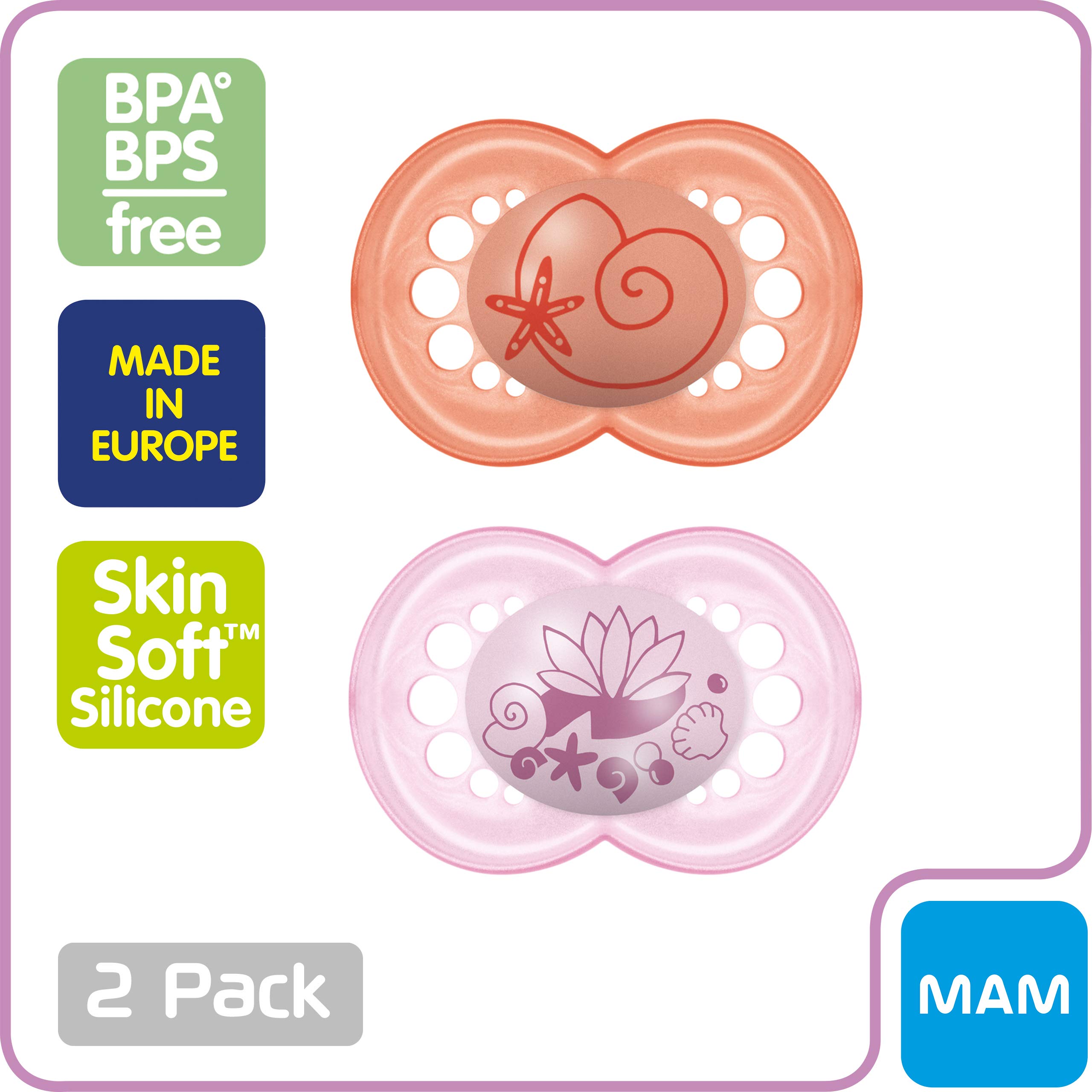 MAM Original Baby Pacifier for 6-16 Months - Orthodontic Nipple Promotes Healthy Oral Development - Includes Sterilizer Case - 2 Pack (Pearl/Girl) - Perfect for Soothing, Teething Relief & Sleep Training