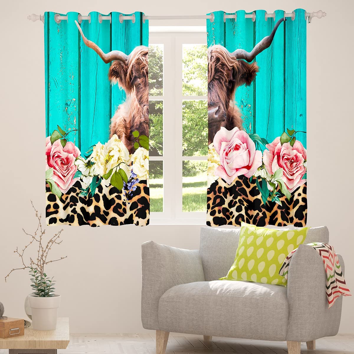 Highland Cow Window Curtains 52x96 Inches - 2 Panels Safari Animal Print Drapes for Bedroom, Living Room & Kids Room | Brown Cheetah Leopard Floral Pattern with Teal Blue Wooden Decor | Perfect for Farmhouse, Nursery & Jungle Theme Decorations