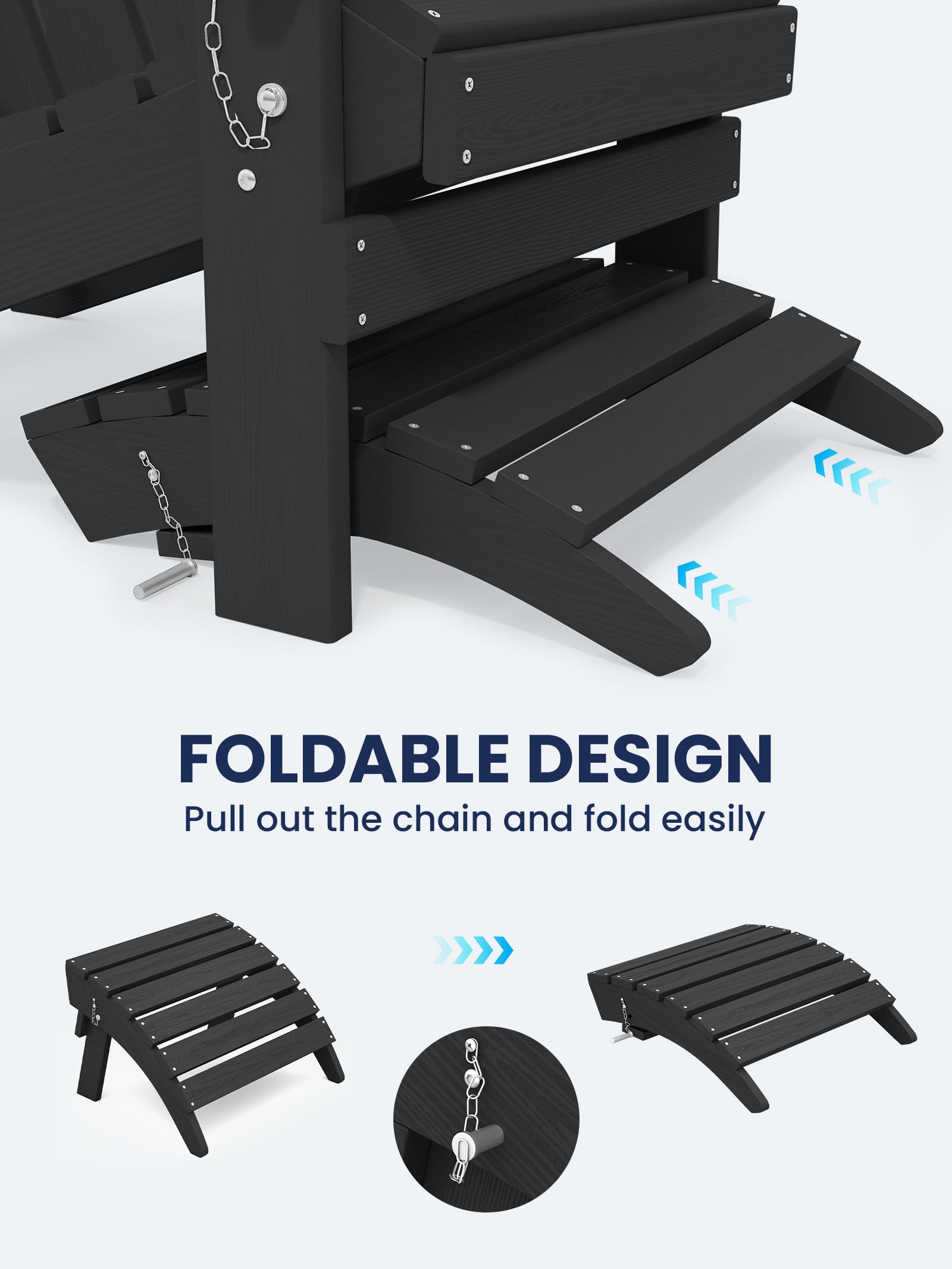 KINGYES Folding Adirondack Ottomans Set of 2 - Black Outdoor Patio Furniture for Adirondack Chairs | Perfect for Poolside, Deck, Garden & Backyard Relaxation