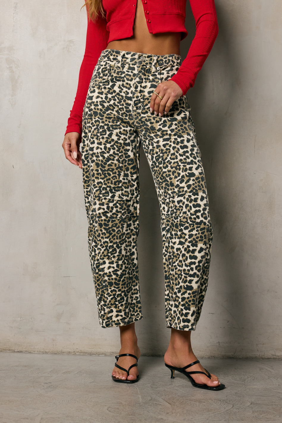 Lisette High Waist Barrel Jeans in Leopard Print - Women's Vintage Style Stretch Denim Pants for Casual Outfits & Night Out