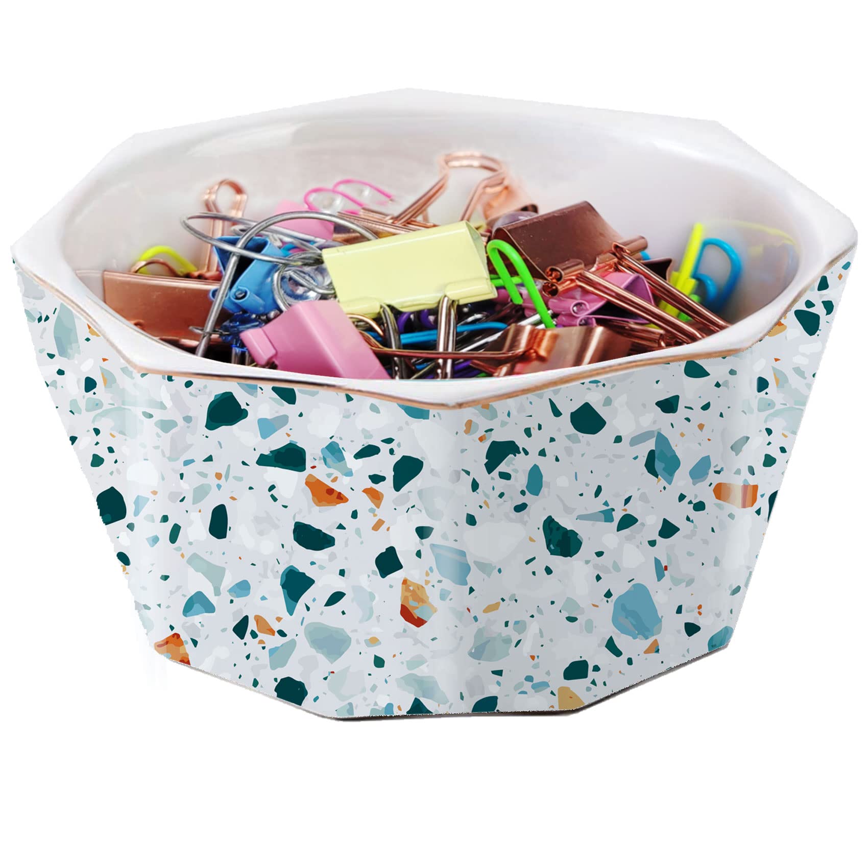 Gold Trim Geometric Ceramic Paper Clip Holder - Stylish Terrazzo Marble Desk Organizer for Office & Home Use | Perfect for Women & Girls (Blue) | Keep Binder Clips, Paper Clips Neatly Organized on Your Workspace