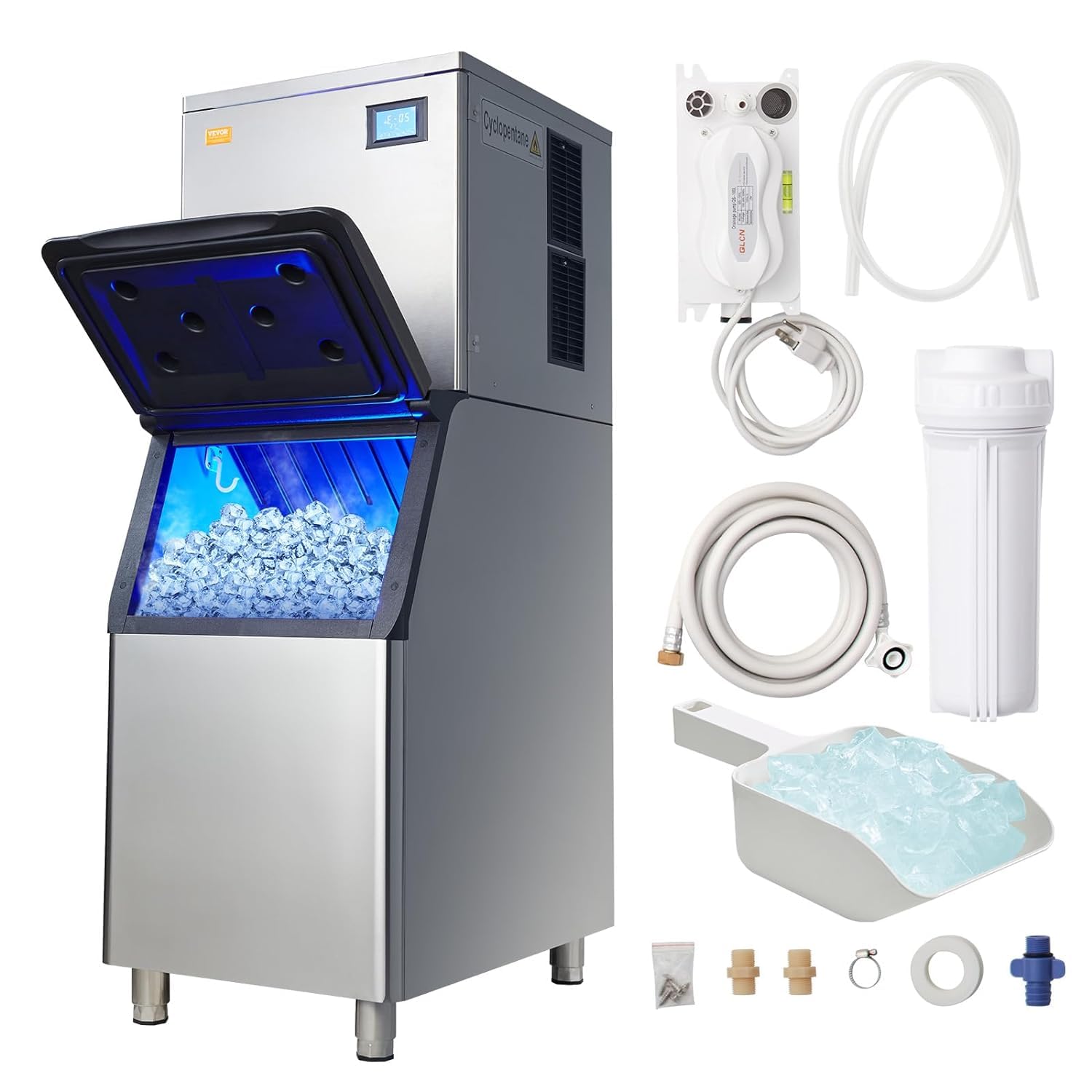 VEVOR Commercial Ice Maker Machine 360LBS/24H with 330.7LBS Storage Bin, 700W Self-Cleaning Ice Machine with 3.5