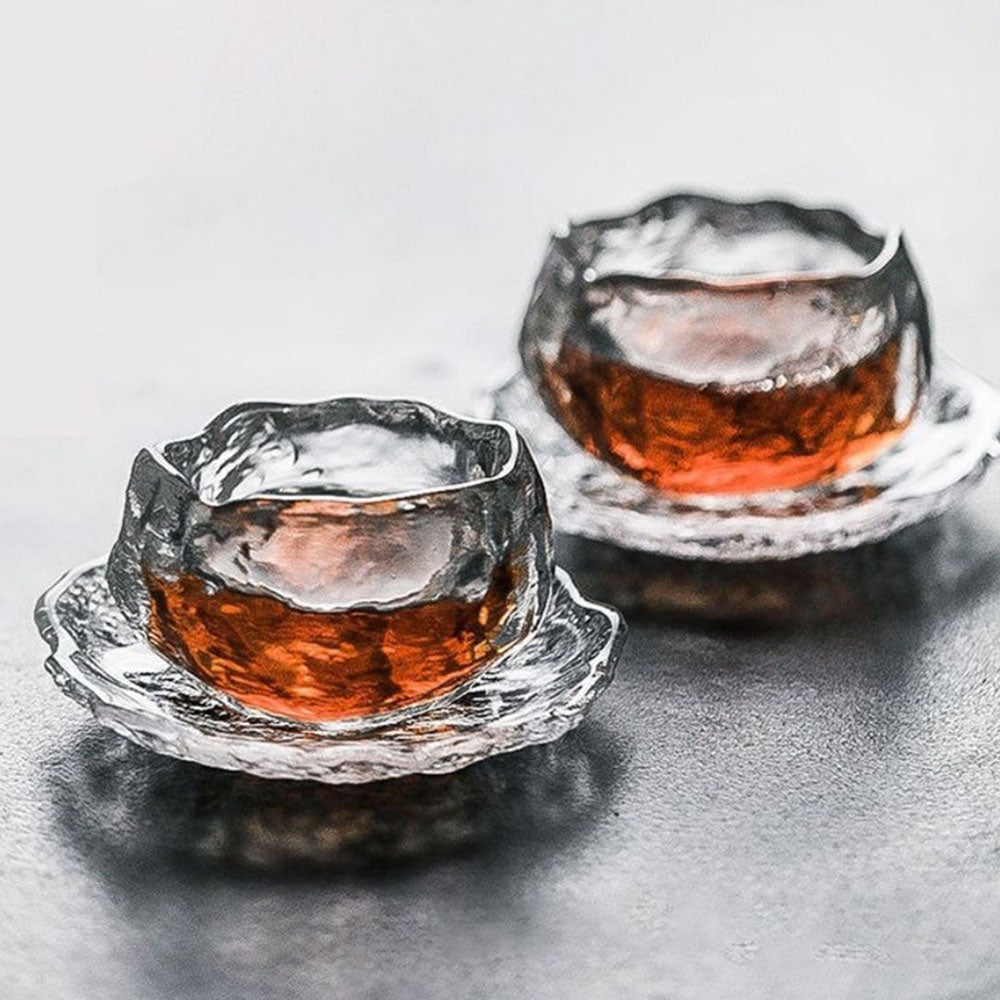 Premium Ice Block Glass Gongfu Tea Cup with Saucer - Handcrafted Chinese Tea Set for Oolong, Pu-erh & Green Tea - Perfect for Home, Office & Tea Ceremonies