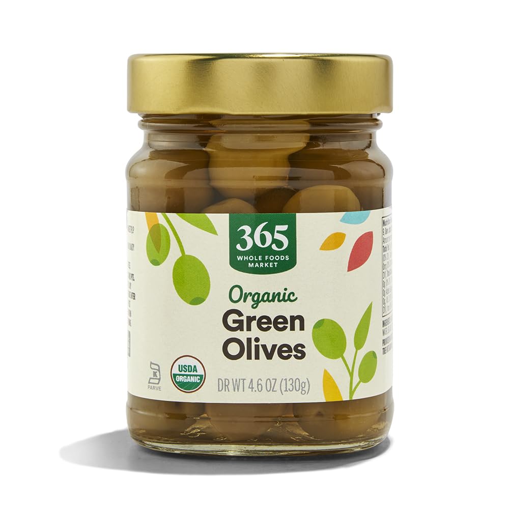 Organic Green Olives by 365 Whole Foods Market - 4.6 oz | Premium Snack for Charcuterie Boards, Salads & Mediterranean Recipes