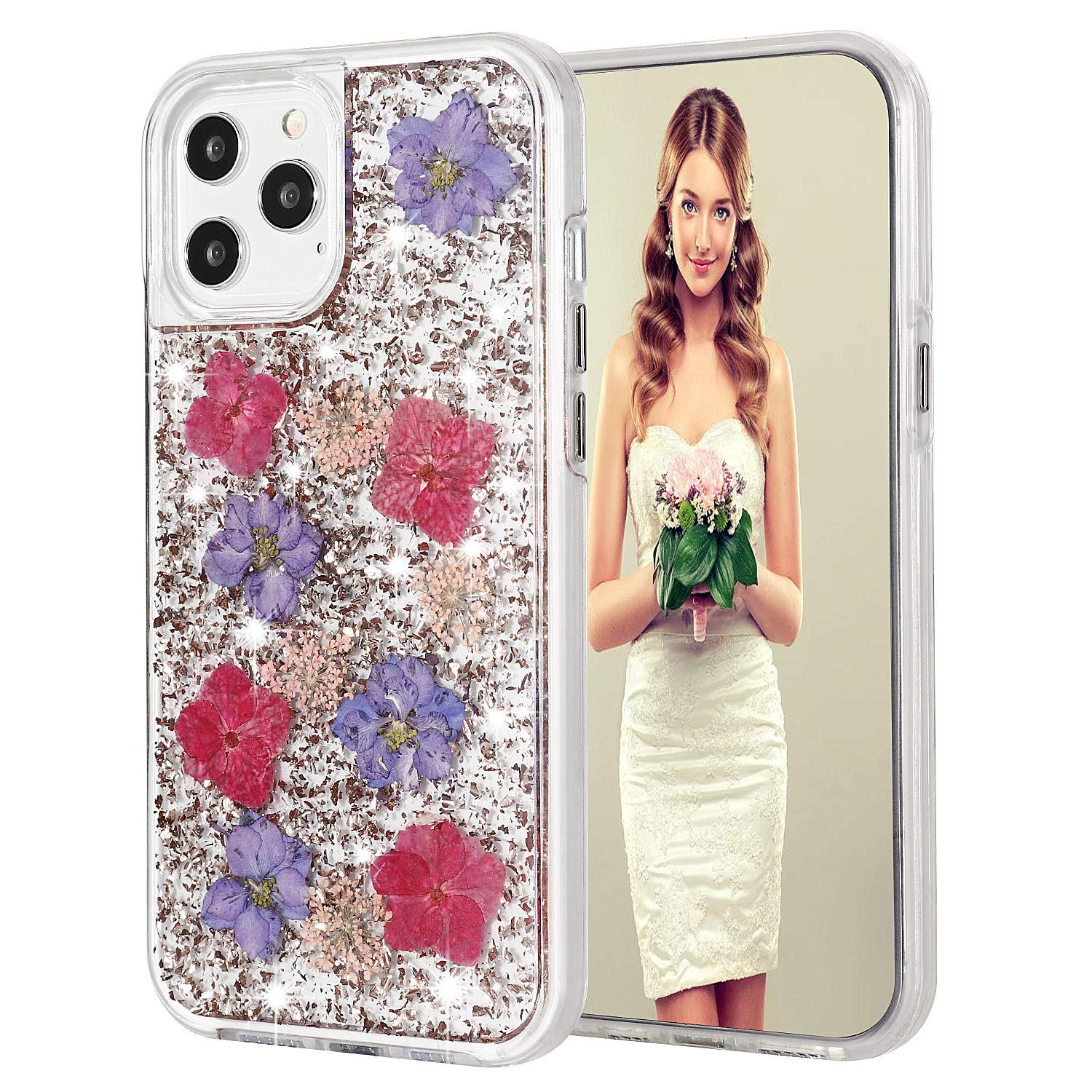 Luxury iPhone 12 Pro Max Case with Floral Glitter Design - 6.7