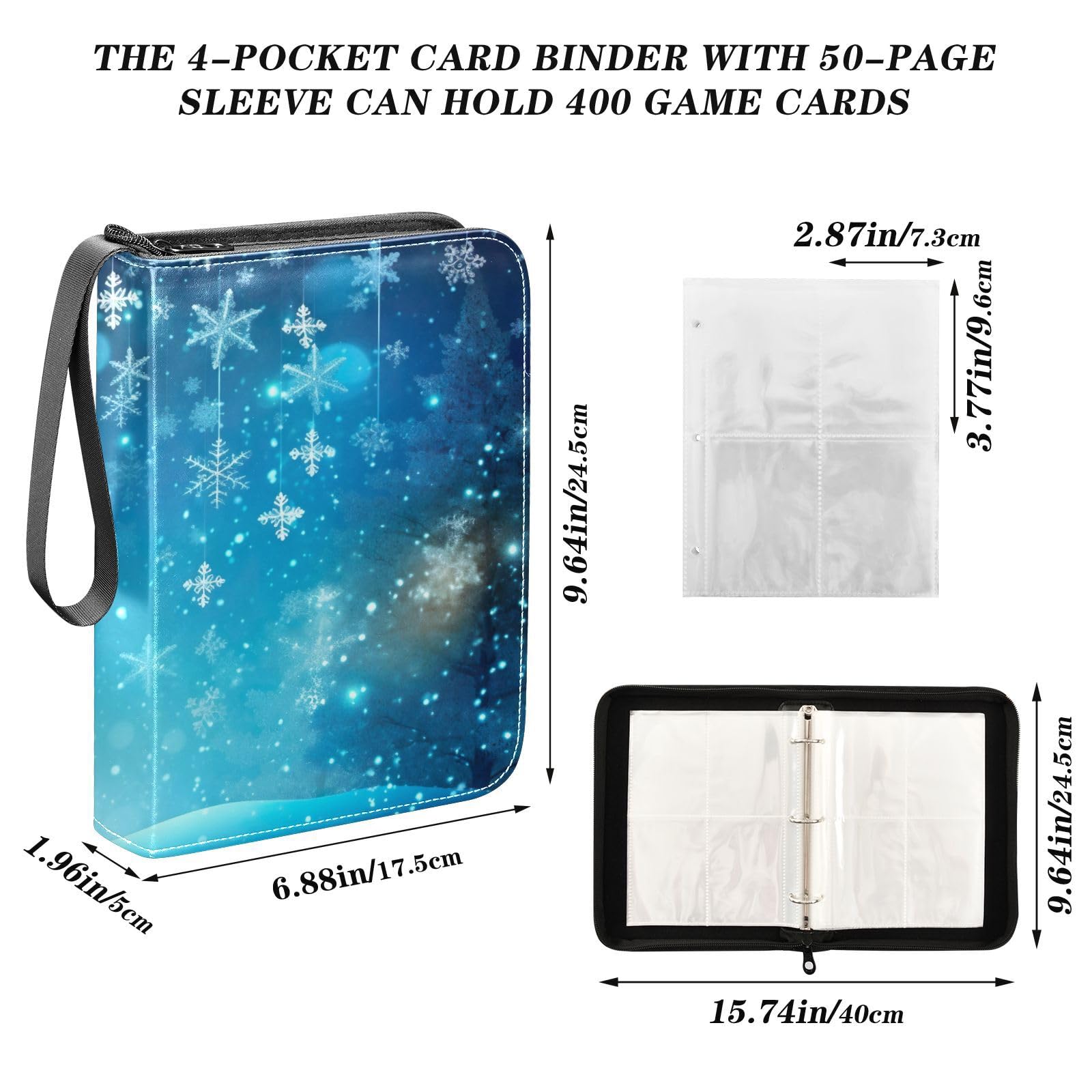 4-Pocket Christmas Winter Snowflake Trading Card Binder Book with 50 Sleeves - Holds 400 Cards, 3-Ring Design for Football, Baseball & Collectible Cards - Perfect for TCG Games, Sports Memorabilia & Holiday Gift Giving