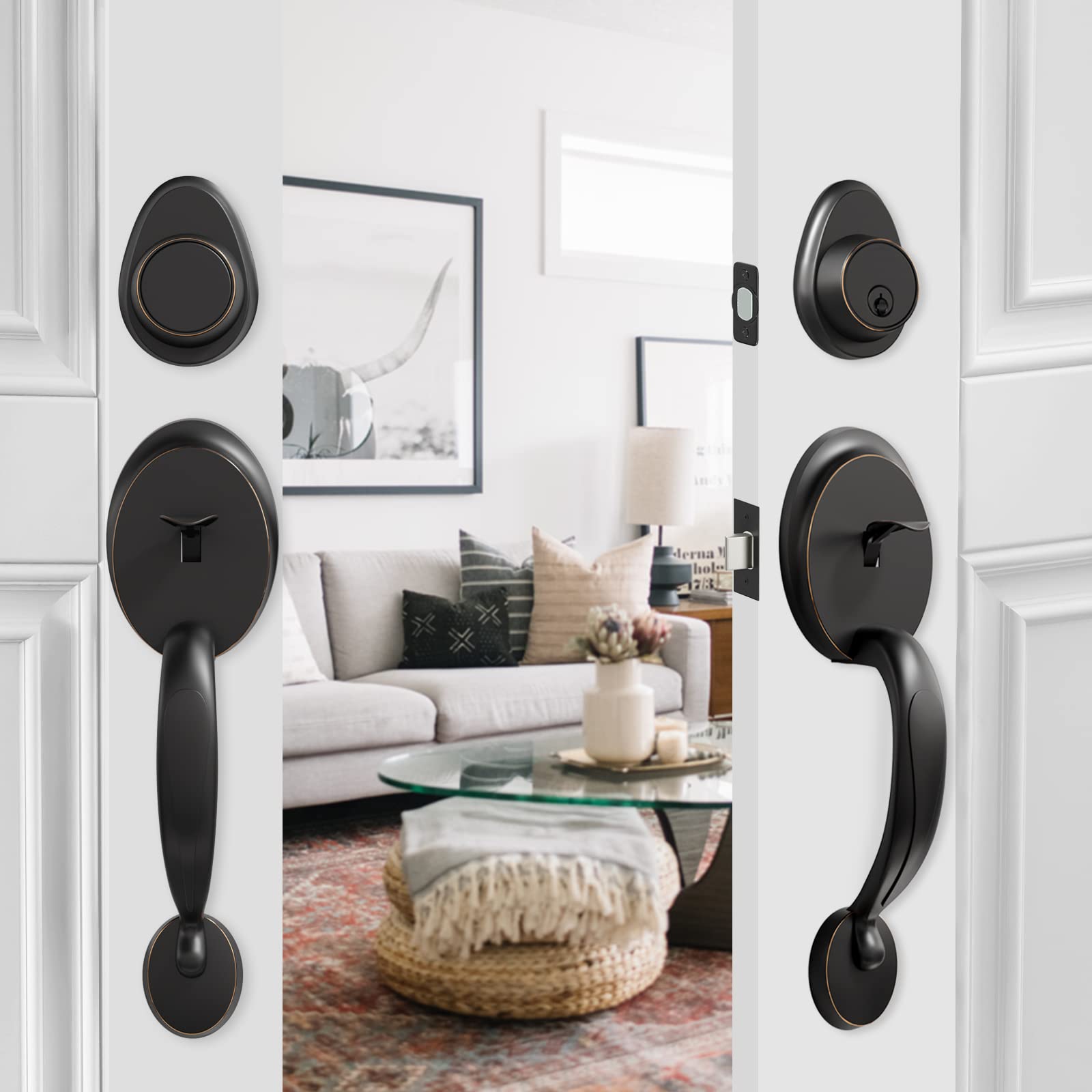 Oil-Rubbed Bronze Double Door Handleset - Dummy Front Door Handle Set for Home & Office - Antique Style (Antique_1076) - Perfect for Entry Doors, Interior Doors & Commercial Spaces