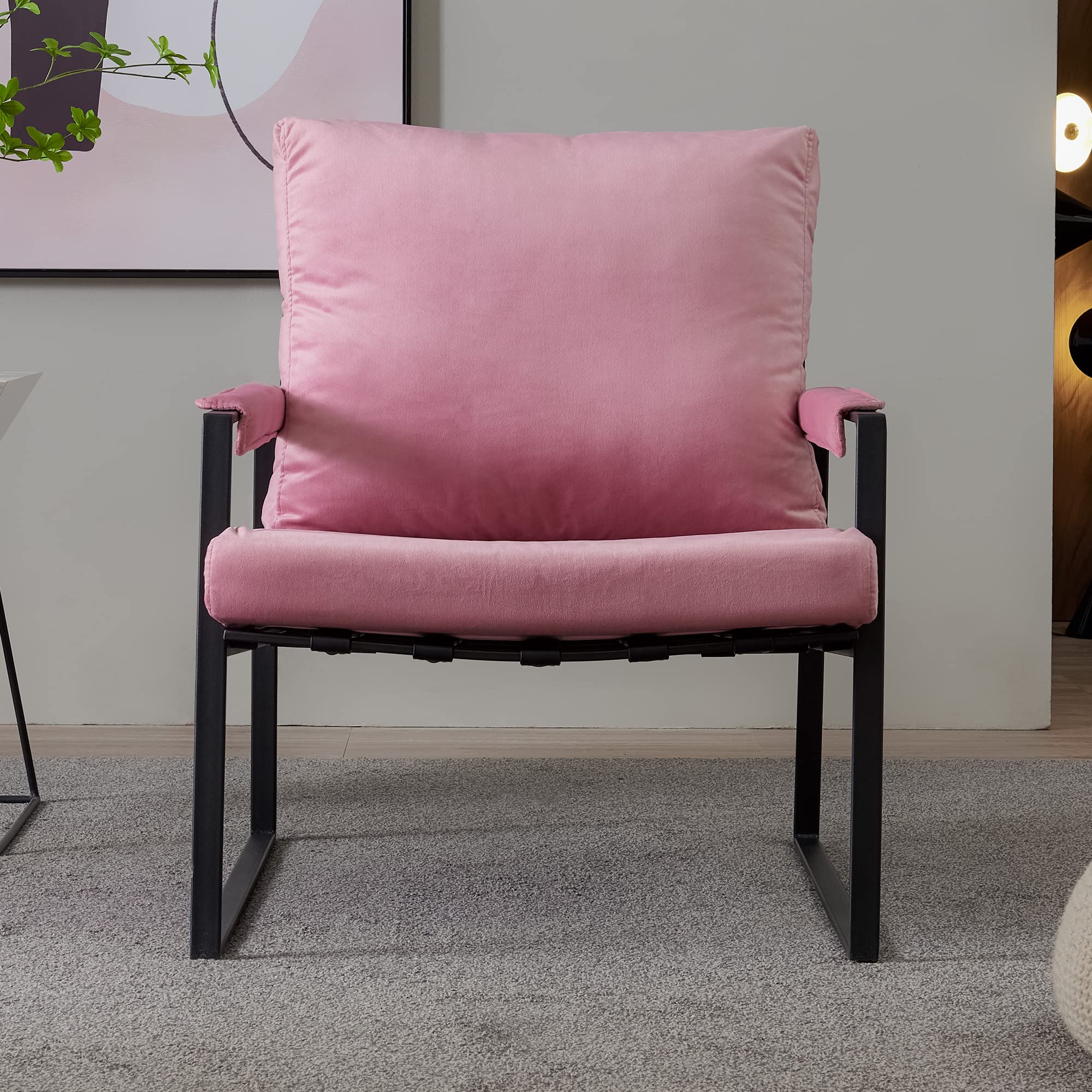 Modern Velvet Accent Chair - Single Arm Lounge Chair with Soft Cushion for Living Room & Bedroom, Contemporary Design, Sturdy & Durable, Easy to Clean & Assemble (Pink) - Perfect for Reading Nook, Cozy Corner or Small Space Decor