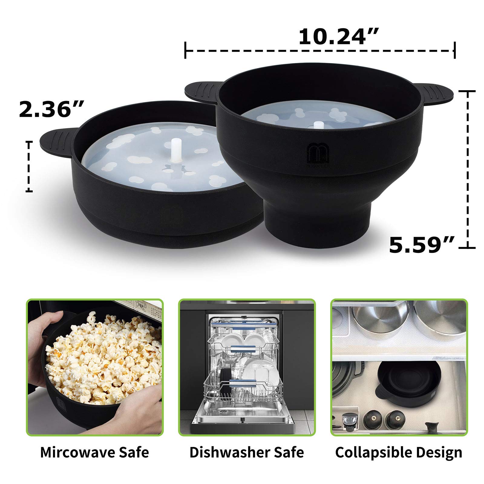 Original MMUGOOLER Silicone Microwave Popcorn Popper - BPA-Free, Collapsible Bowl with Lid, Dishwasher Safe for Easy Cleaning - Quick & Healthy Snack Maker for Movie Nights, Parties, and Family Time (Black)