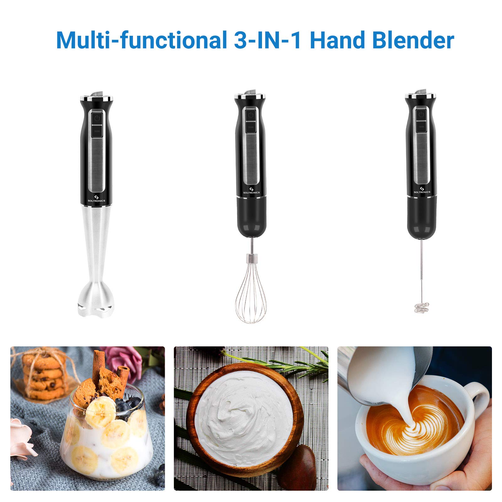 3-in-1 Hand Blender 500W, 8-Speed Immersion Stick Blender with Milk Frother & Egg Whisk - Perfect for Smoothies, Baby Food Puree, Coffee Foam, Soups & Sauces - BPA-Free Kitchen Essential for Home Cooking & Baking - Black