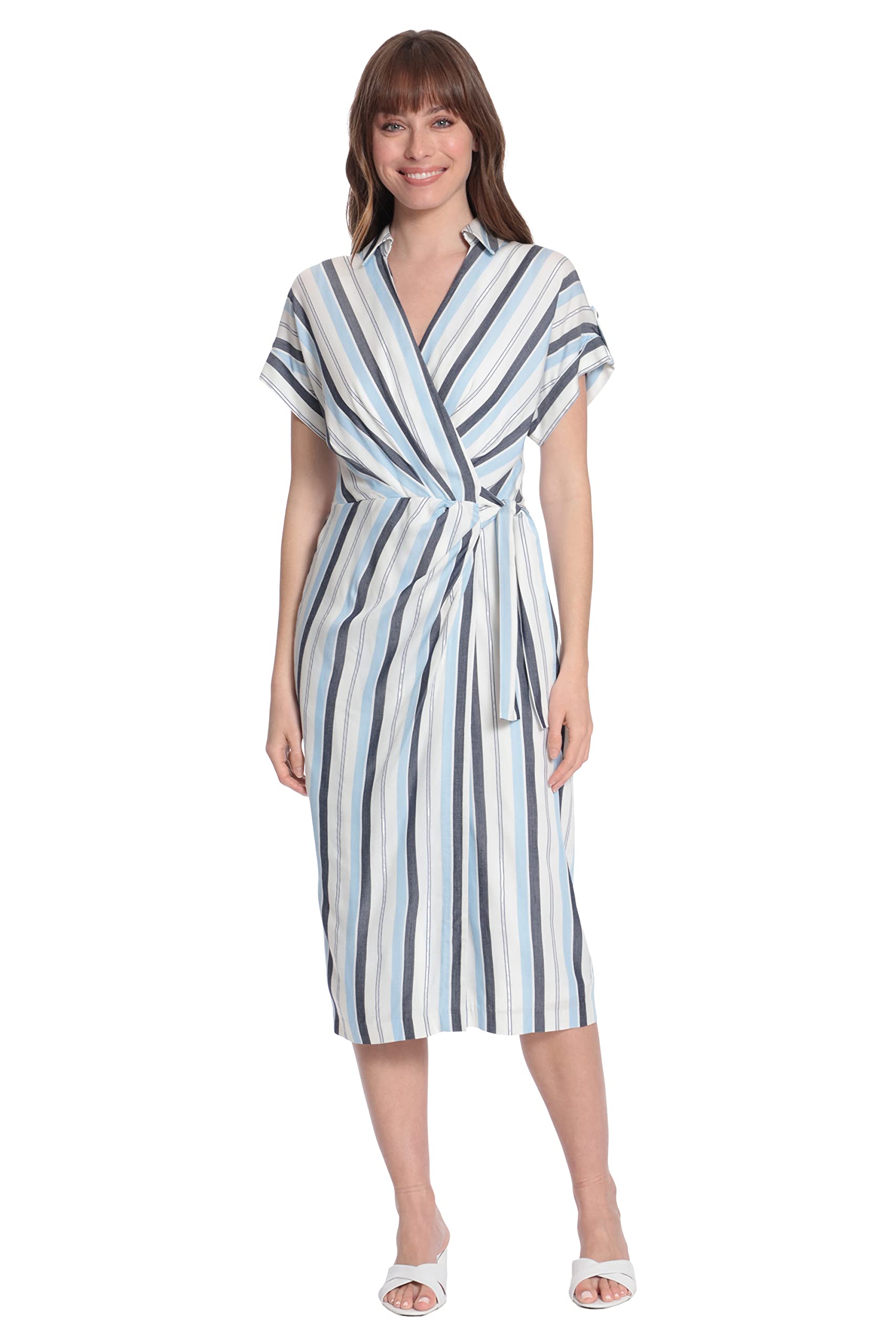 London Times Women's Striped Faux Wrap Collar V-Neck Midi Dress - Elegant Office Wear & Casual Summer Dress for Women