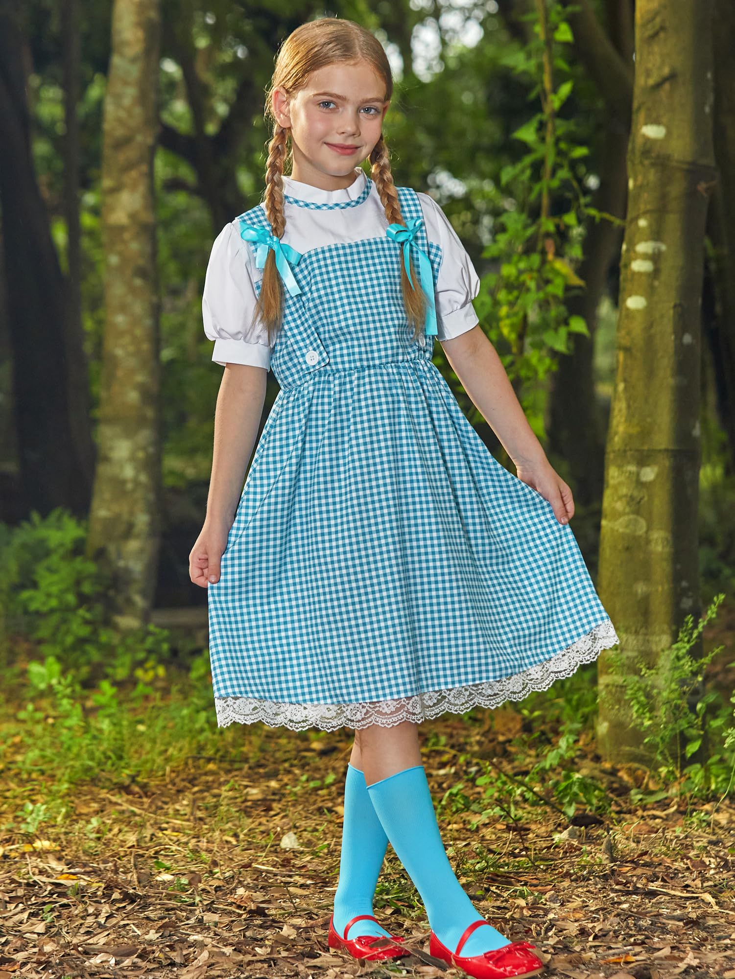 Blue Gingham Puff Sleeve Midi Dress for Girls 5-14 Years | Halloween Costume with Matching Hair Bows | Perfect for Trick-or-Treating, Costume Parties & Photo Shoots