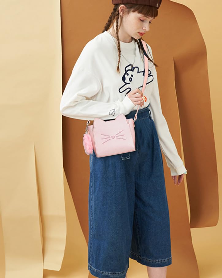 Cute Cat Crossbody Purse for Teen Girls - PU Leather Shoulder Bag with Pendant, Fashionable Small Handbag for School, Travel & Everyday Use