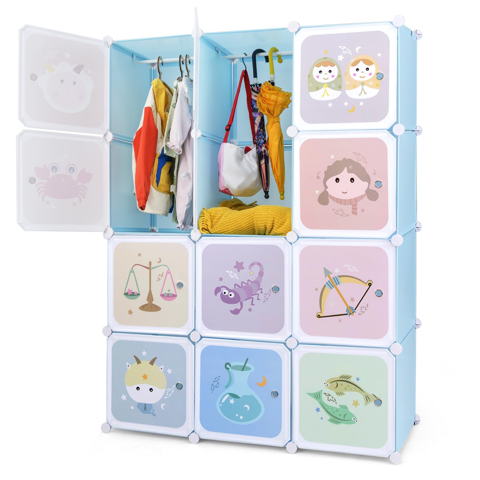 INFANS Kids Wardrobe - 12 Cube 2 Hanging Sections Portable Baby Dresser with Doors, Cute Nursery Closet Organizer for Children's Bedroom | Perfect for Toddler Clothes Storage & Nursery Organization