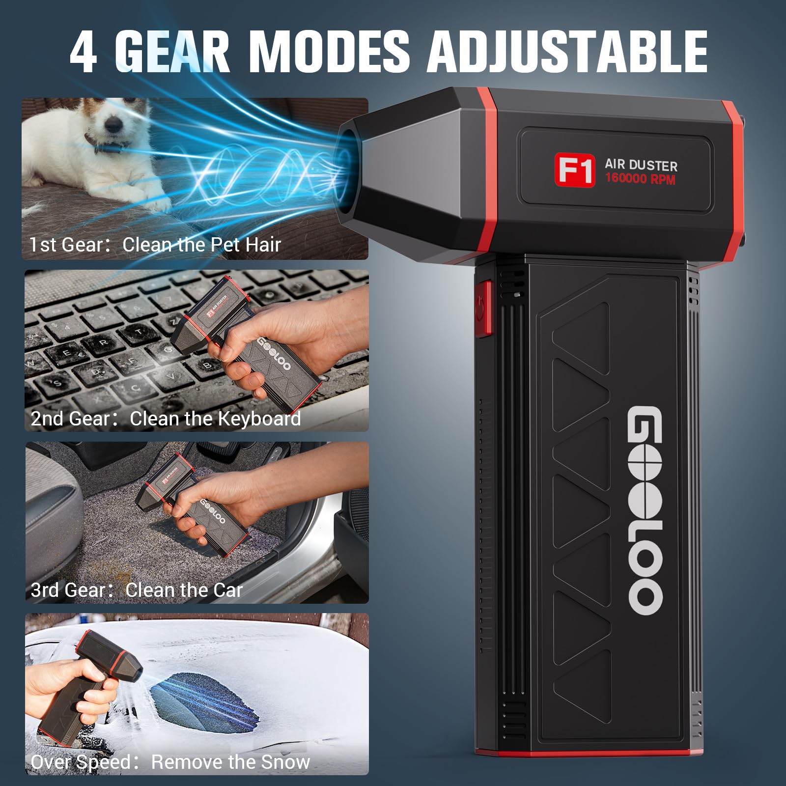 GOOLOO F1 160,000RPM Cordless Electric Air Duster - 4-Speed Rechargeable Air Blower with LED Light, Mini Desktop Vacuum Cleaner for Computer Keyboard, Electronics, Home & Car Dust Removal - Perfect for PC Cleaning, Office Maintenance and Household Use