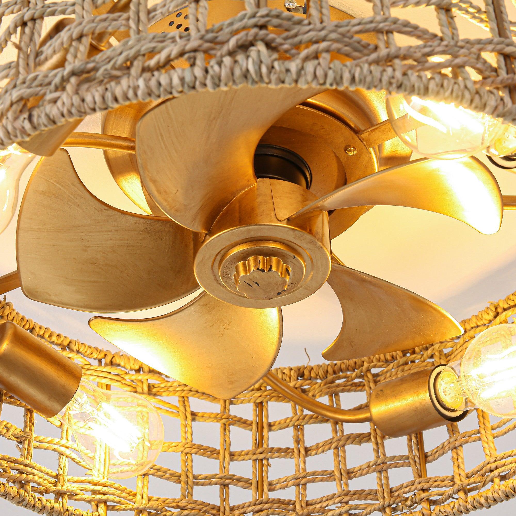 18 Inch Golden Farmhouse Rattan Flush Mount Ceiling Fan with Light - Smart APP & Remote Control - Perfect for Bedroom, Living Room, and Patio