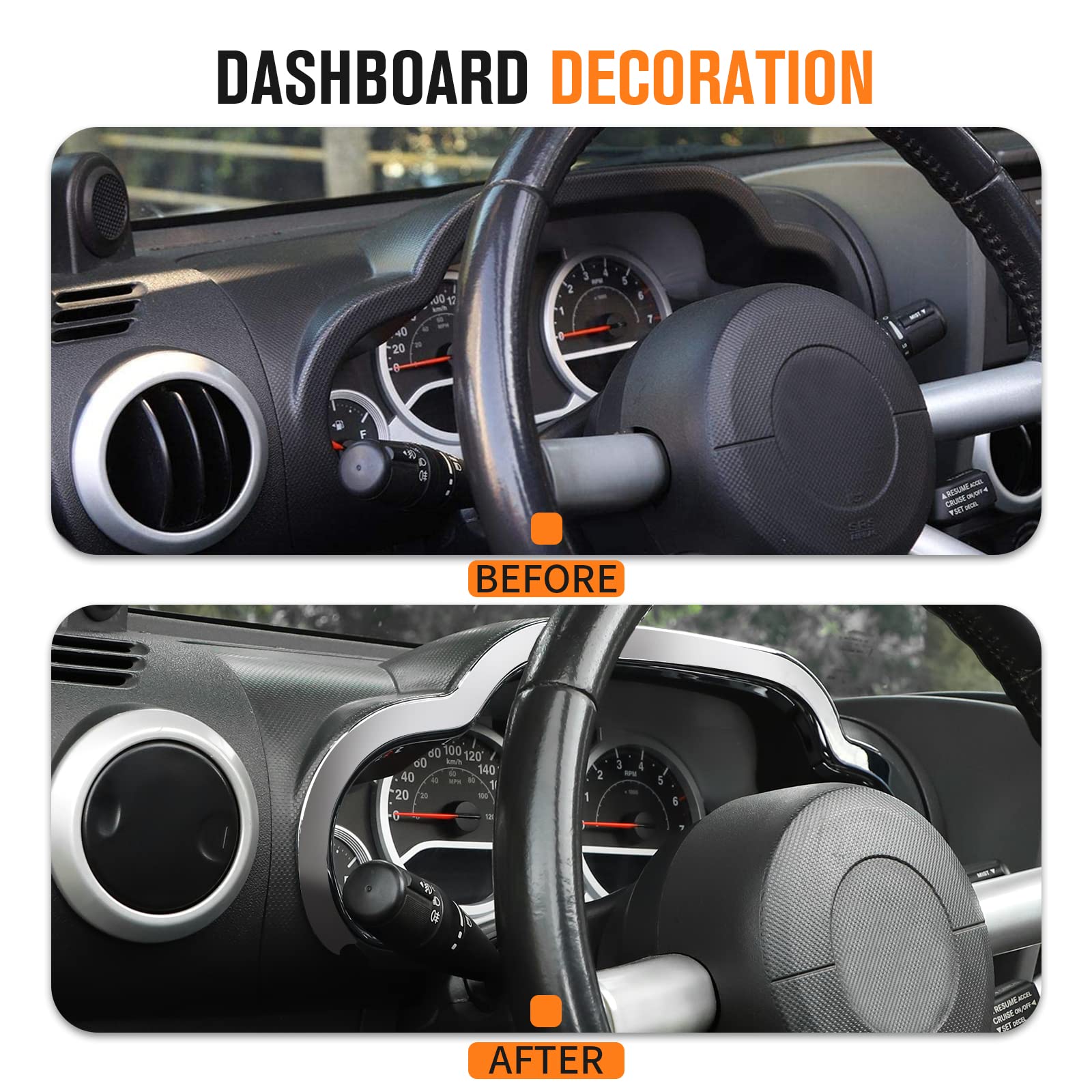 Chrome Dashboard Instrument Panel Trim Cover for Jeep Wrangler JK & Unlimited 2/4 Door 2007-2010 | Interior Accessories Upgrade | Perfect for Off-Roading & Customization