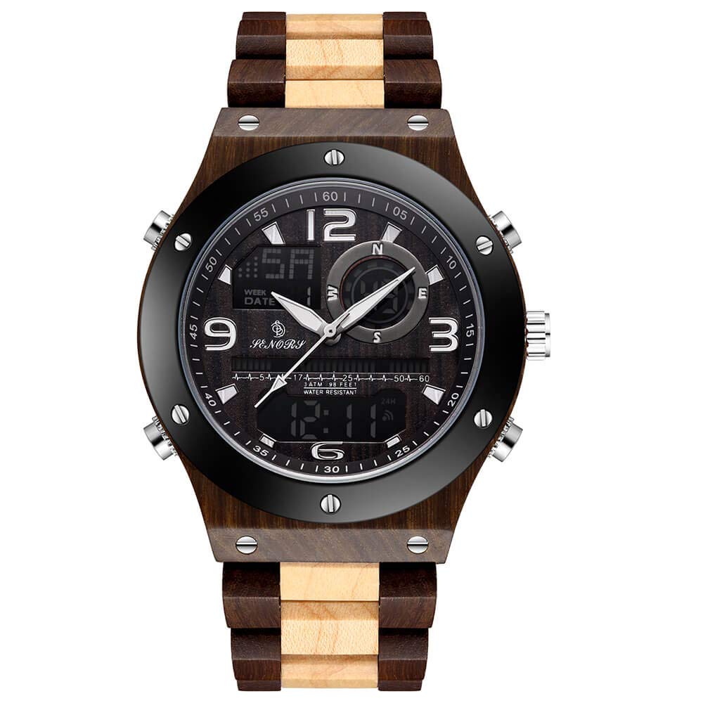 GORBEN Men's Wooden Watch - Dual Display Digital & Analog Quartz Wristwatch with Luminous Hands | Stylish Wood Grain Design for Casual, Business & Outdoor Activities