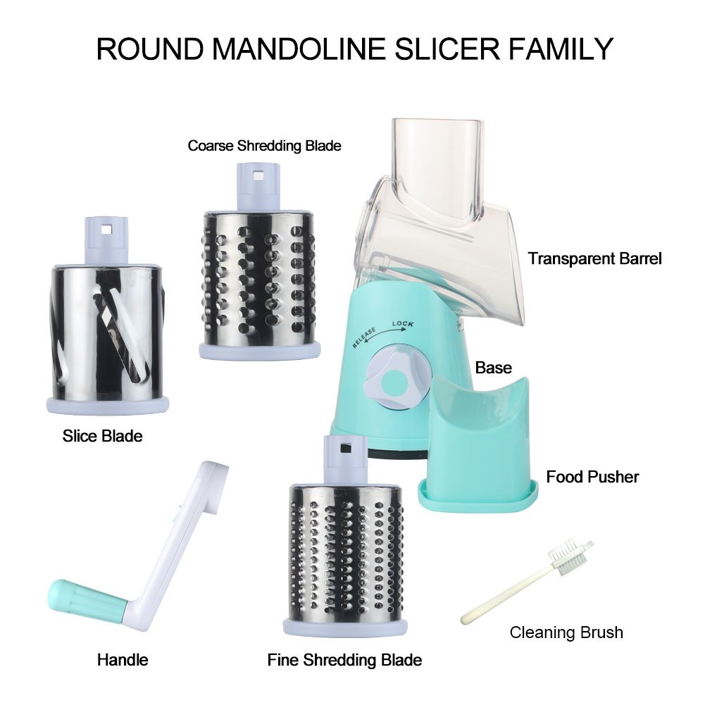 Cambom Rotary Cheese Grater - Hand Crank Cheese Shredder for Fresh Cheese, Vegetables, Nuts - Non-Slip Suction Base with Free Cleaning Brush & 3 Blades (Blue) - Perfect for Pizza, Pasta, Salads & Cooking Prep