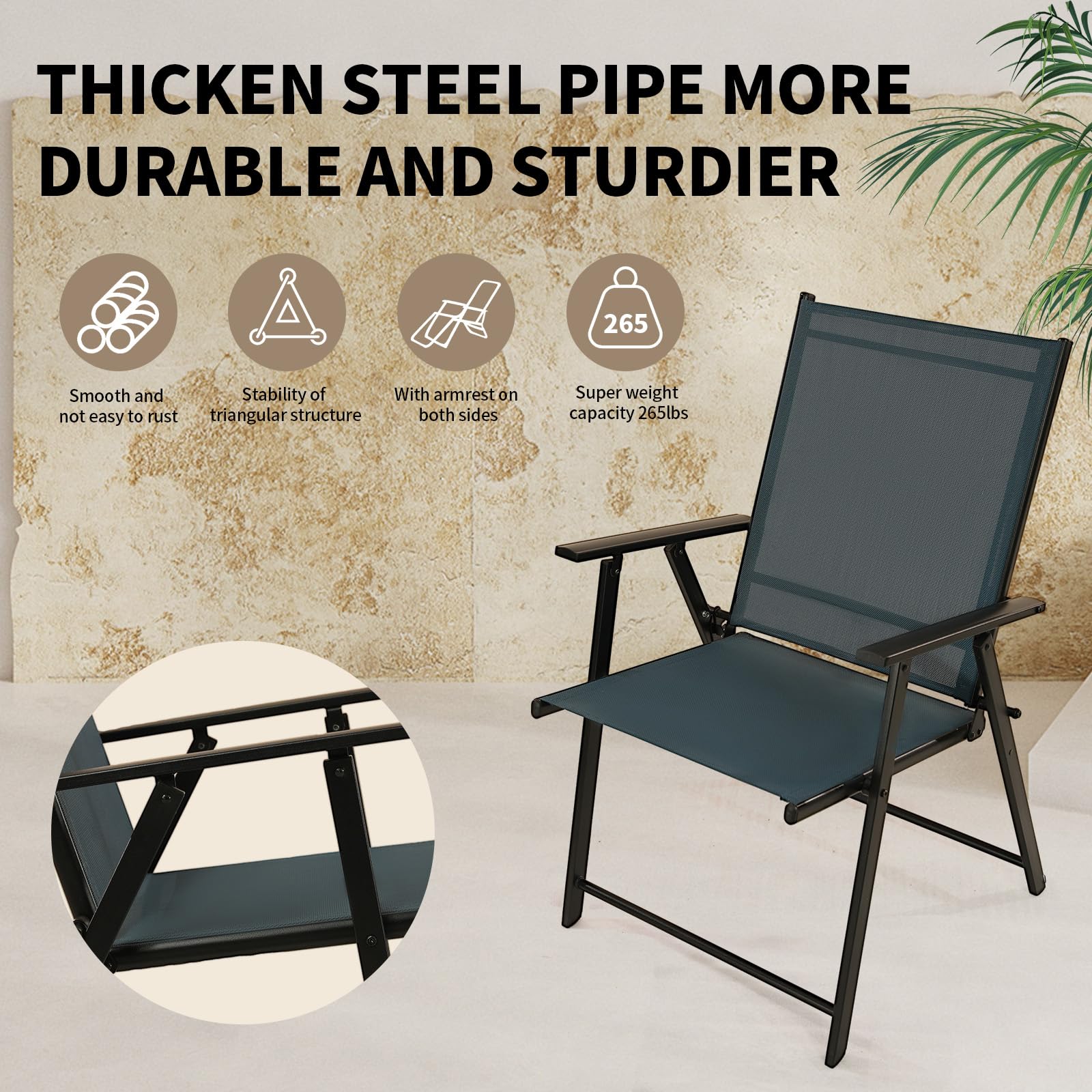 2 Pack Folding Patio Chairs - Heavy Duty Rustproof Metal Frame Outdoor Dining Chairs for Porch, Deck, Garden, Backyard & Camping (Dark Blue) - Perfect for BBQs, Picnics and Outdoor Relaxation
