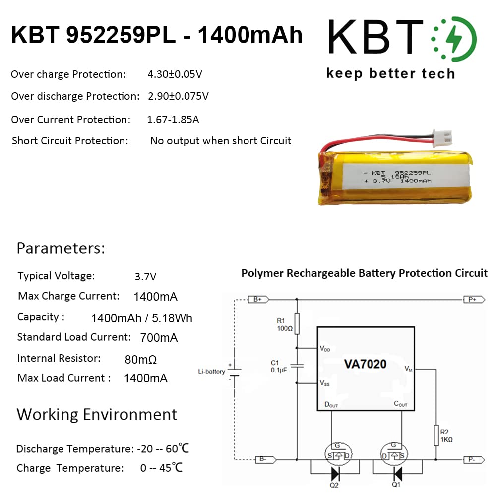 KBT 3.7V 1400mAh Li-Polymer Rechargeable Battery with JST 2.54 Connector - Replacement Battery for Digital Cameras, Drones, LED Lights, Toys & DIY Electronics - Perfect for Photography, RC Models, Night Lights & Science Experiments