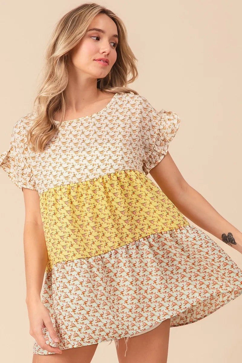 BiBi Floral Printed Woven Color Block Tiered Blouse - Women's Fashion Boho Chic Tunic Top for Casual Wear, Summer Outfits & Beach Vacations