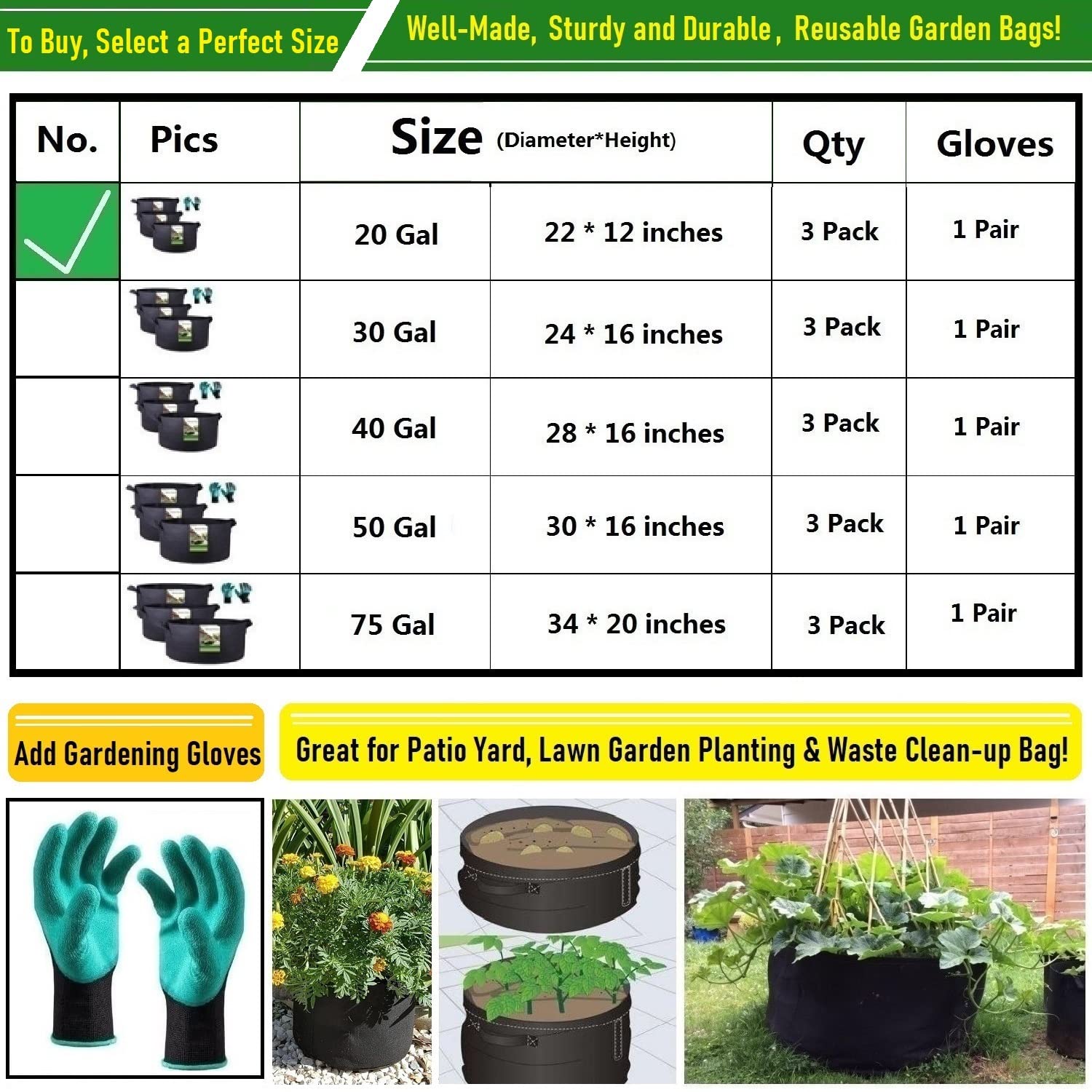 **3-Pack 20 Gallon Thickened Fabric Grow Bags (22x12 Inch) - Heavy Duty Garden Plant Pots for Tomatoes, Potatoes, Herbs & Vegetables - Ideal for Planting, Yard Waste & Leaf Collection**
