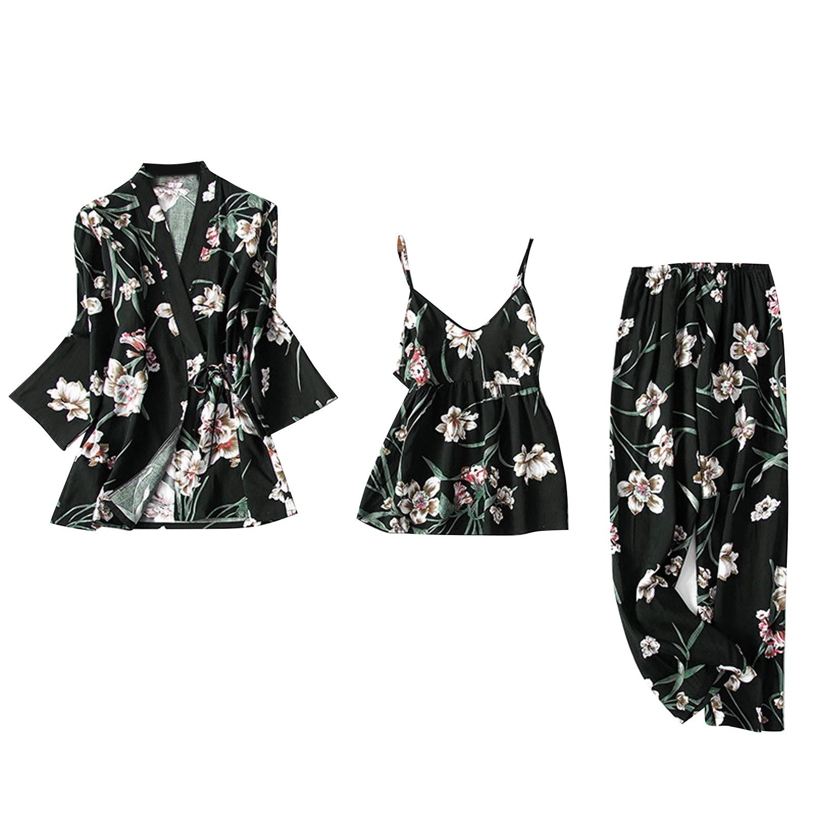 Ellymi Women's Silk Pajama Set with Robe - Luxe Sleepwear for Comfort