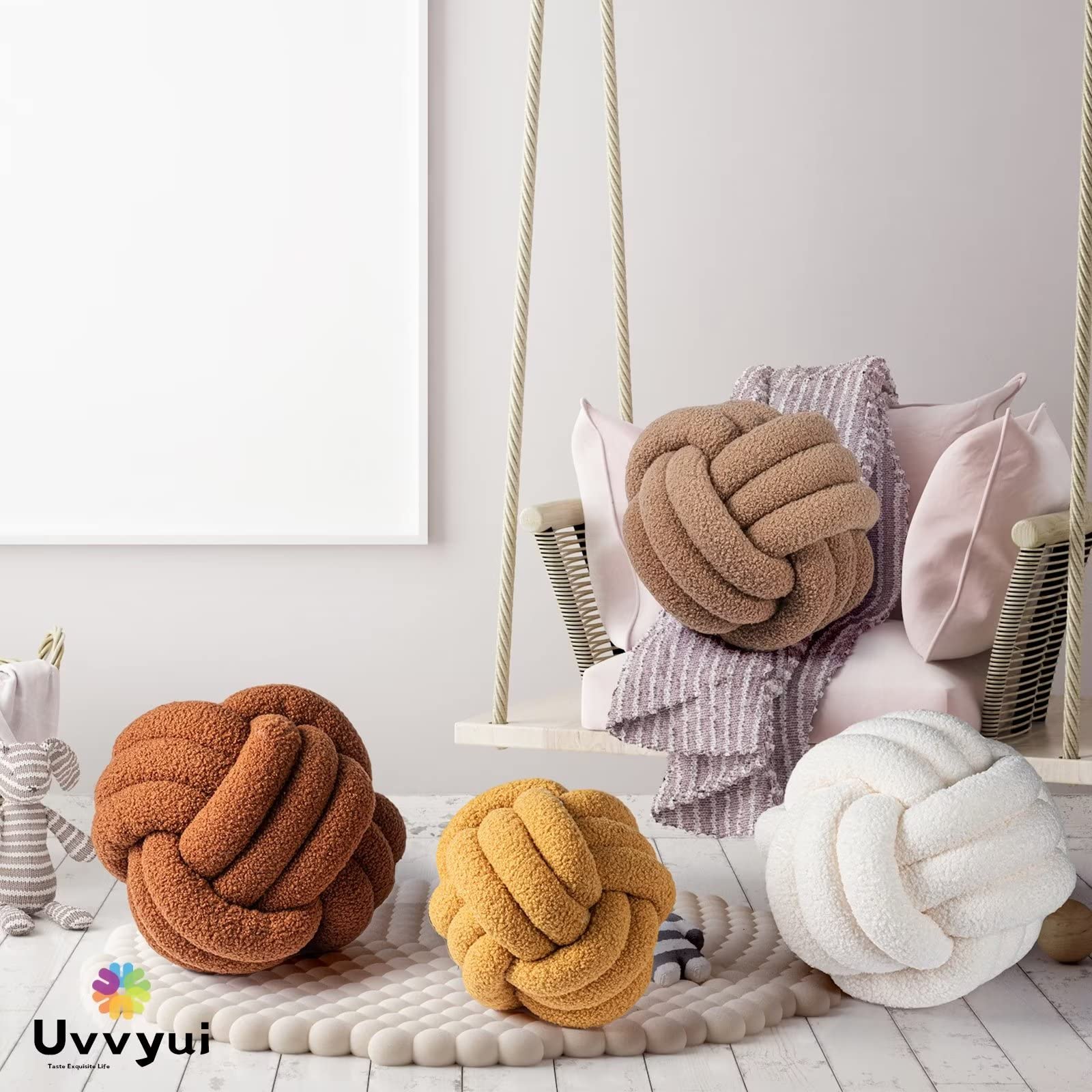 UVVYUI Handmade Knotted Plush Pillow - 11 Inch Round Boucle Throw Cushion for Sofa & Bed, Soft Home Decor Pillow in Dark Yellow | Perfect for Living Room, Nursery & Cozy Reading Nook