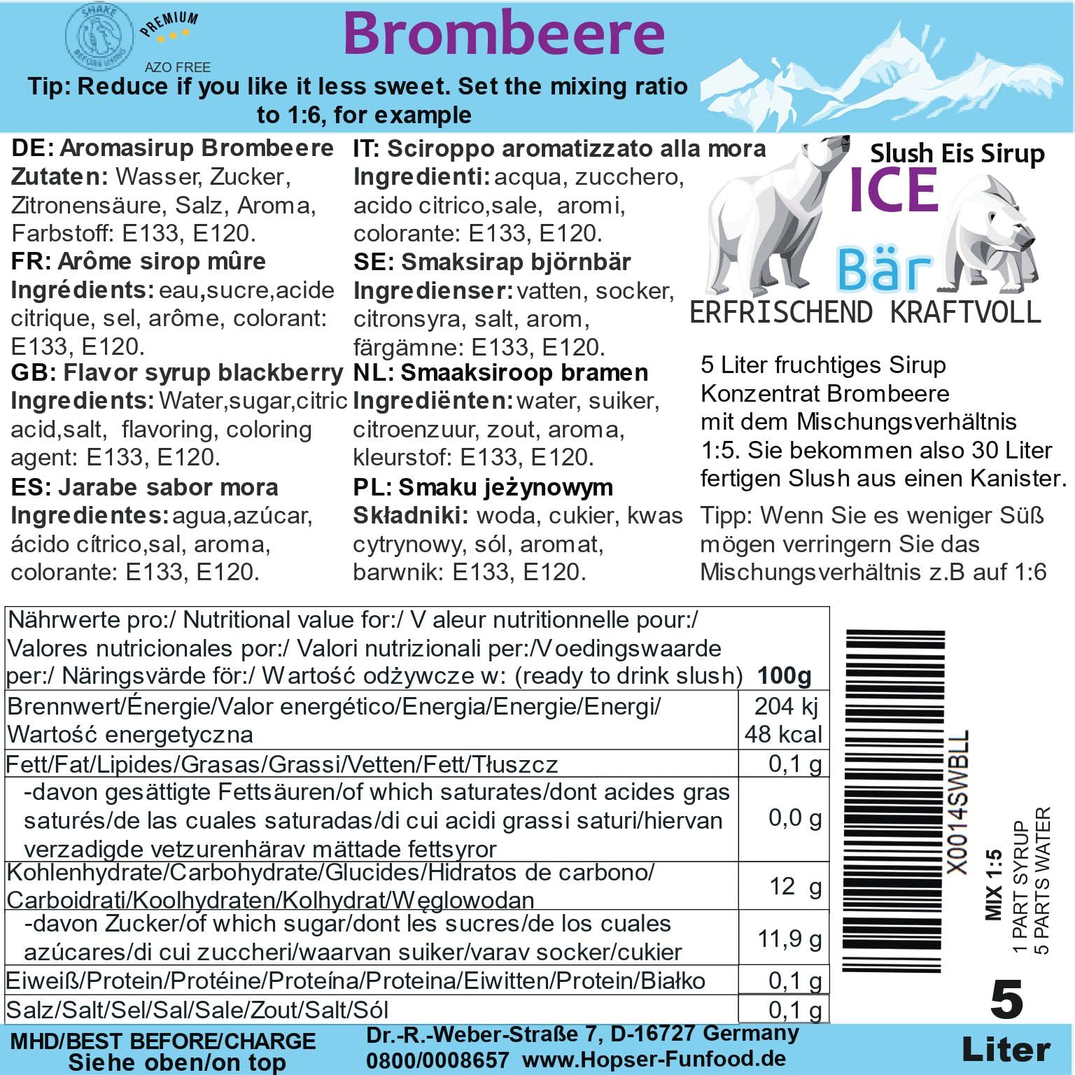 ICE Bear SLUSH Syrup 12 Fruity Flavors Concentrate | Blackberry Flavor | Slushy Maker Syrup for Ice Cream & Beverage Machines (5L, Pack of 1) - Perfect for Summer Parties, Frozen Treats & DIY Drinks