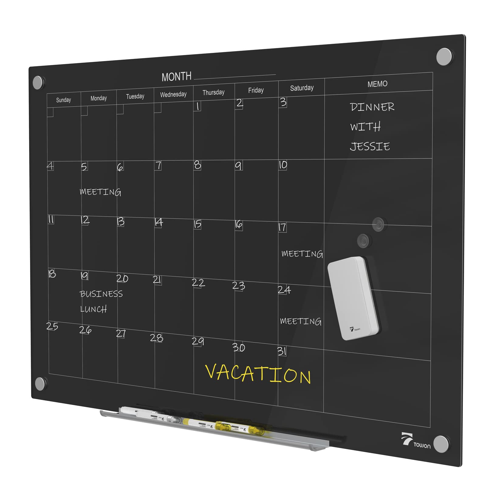 TOWON 47 x 35 Inch Magnetic Glass Dry Erase Board - Monthly Calendar Whiteboard for Wall, Office, Home & School - Premium Glass Whiteboard with Marker & Eraser - Perfect for Scheduling, Planning & Organizing