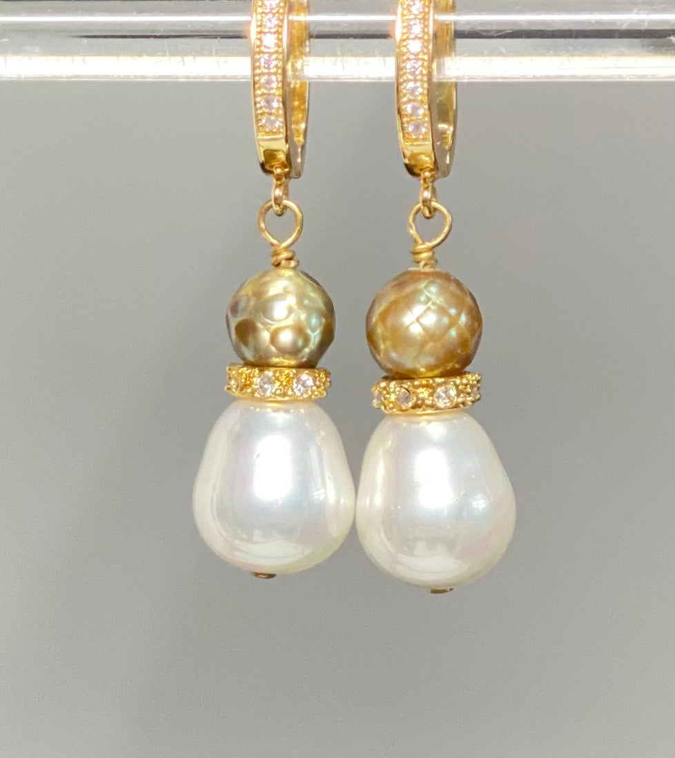 Gold Laser Faceted Pearl Earrings for Women - Elegant Dangle Drop Earrings for Party, Wedding & Special Occasions