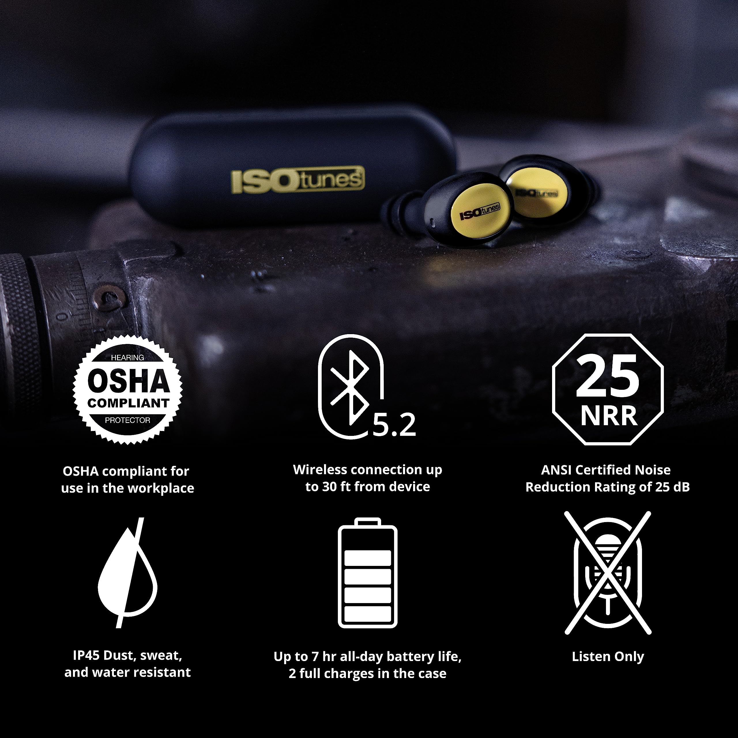 ISOtunes Free 2.0 True Wireless Bluetooth Hearing Protection Earbuds - 25dB NRR Noise Cancelling, OSHA Compliant, 79dB Audio Output for Workplace Safety | Perfect for Construction, Manufacturing & Loud Environments