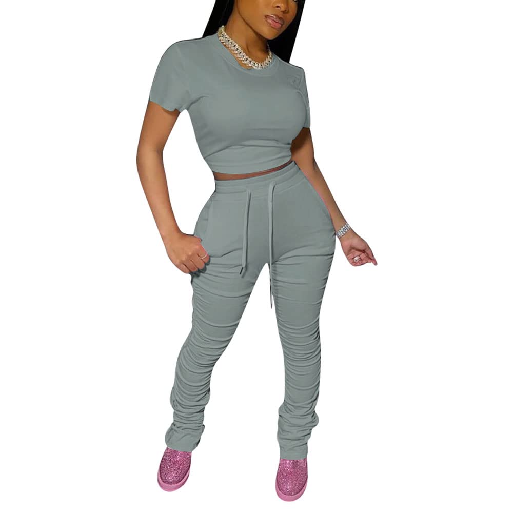 PINSV Women's 2 Piece Outfits - Summer Lounge Wear & Workout Sets, Short Sleeve Bodycon Jogger Set in Grey, Size M | Perfect for Yoga, Gym, Running & Casual Wear