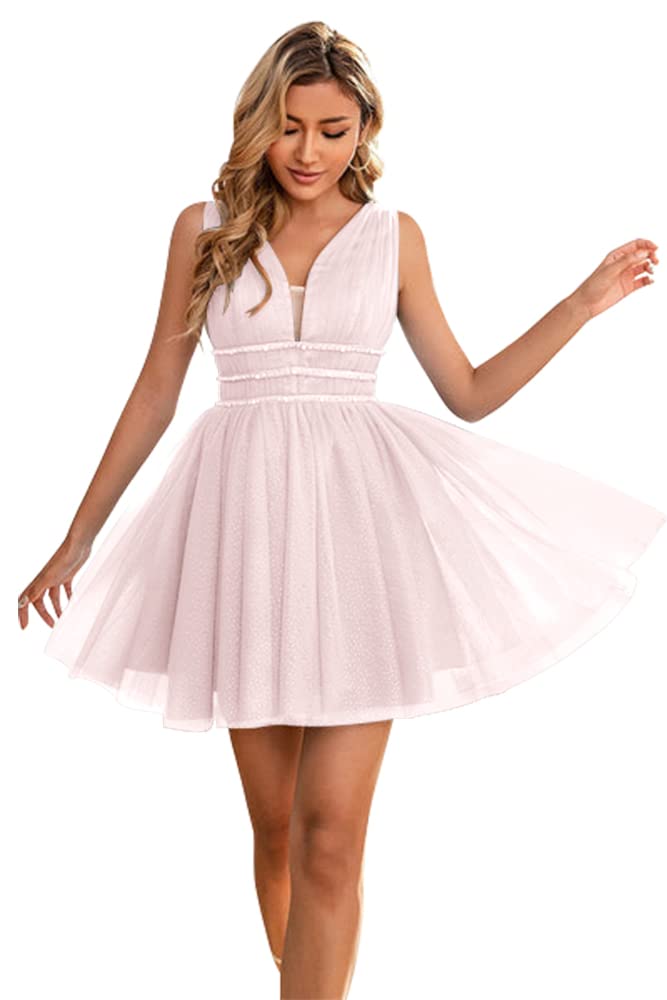 Elegant V-Neck Tulle Cocktail Dress for Women | 2022 A-Line Short Evening Party & Homecoming Dress in Pearl Pink | Perfect for Weddings, Proms, and Special Occasions