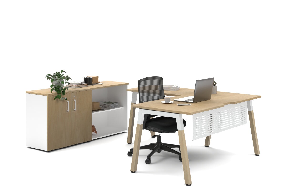 Premium L-Shaped Quadro A Legs Executive Desk with Wooden Legs & White Cross Beam - 1800L x 1800W with Cable Management Scallop - Perfect for Home Office, Corporate Workspace & Modern Study Room