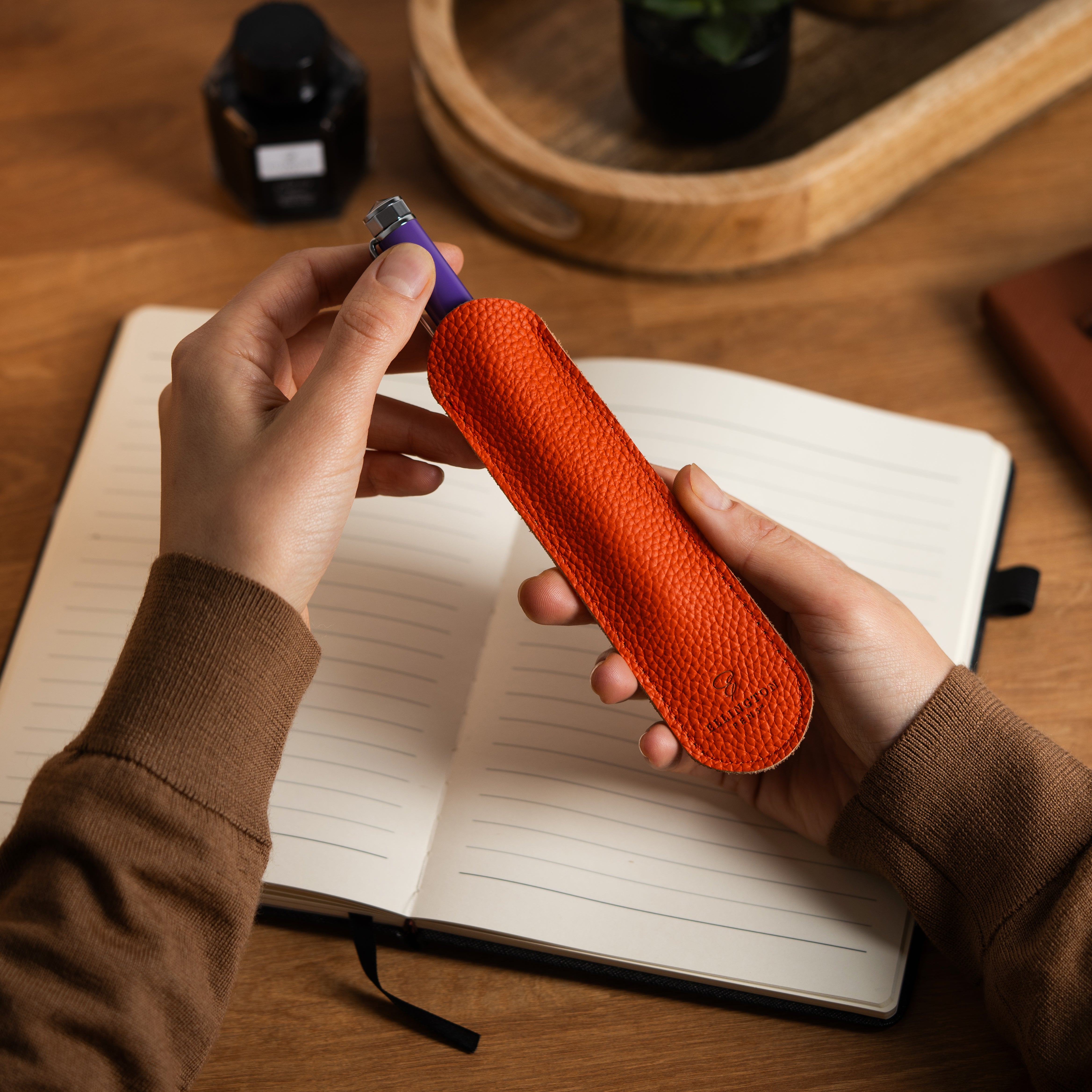 Premium Genuine Leather Pen Sleeve - Orange | Pencil Holder for Office, School & Travel | Protective Case for Fountain Pens, Ballpoints & Stationery