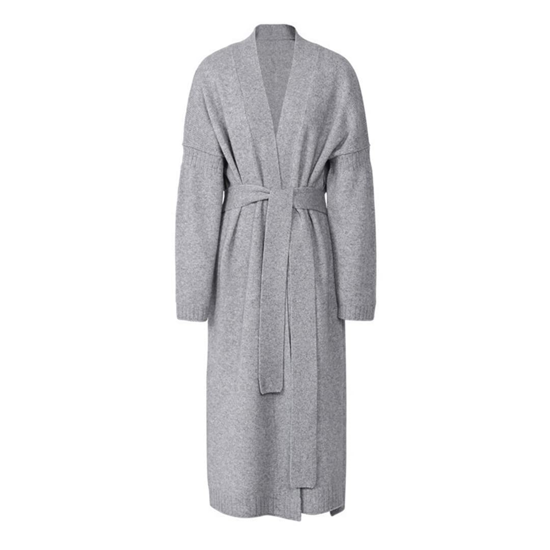 Pulcykp Women's Long Knit Cardigan Sweater with Belt & Split Hem - Cozy Crochet Jacket for Autumn & Winter - Perfect for Layering, Office Wear & Casual Outfits