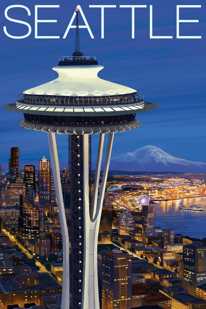 Space Needle Seattle Washington Aerial View - 24x36 Signed Art Print, Wall Decor Poster for Living Room, Office & Home Decoration