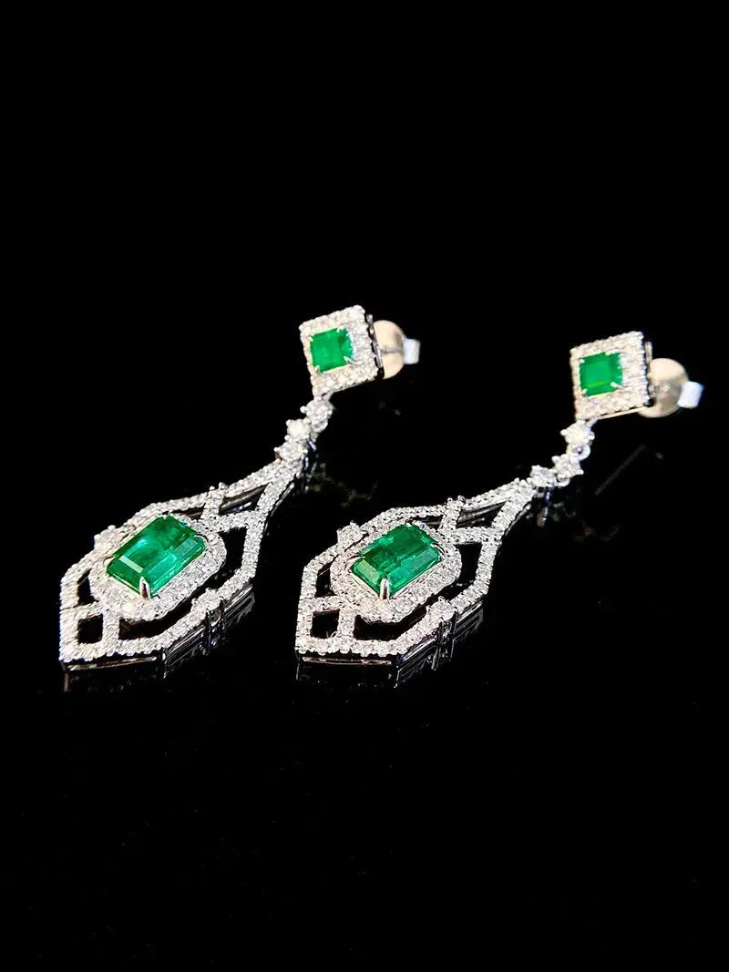 18K White Gold Emerald and Diamond Earrings for Women - Luxury Elegant Gemstone Jewelry Gift for Birthday, Anniversary, Wedding & Senior Banquet