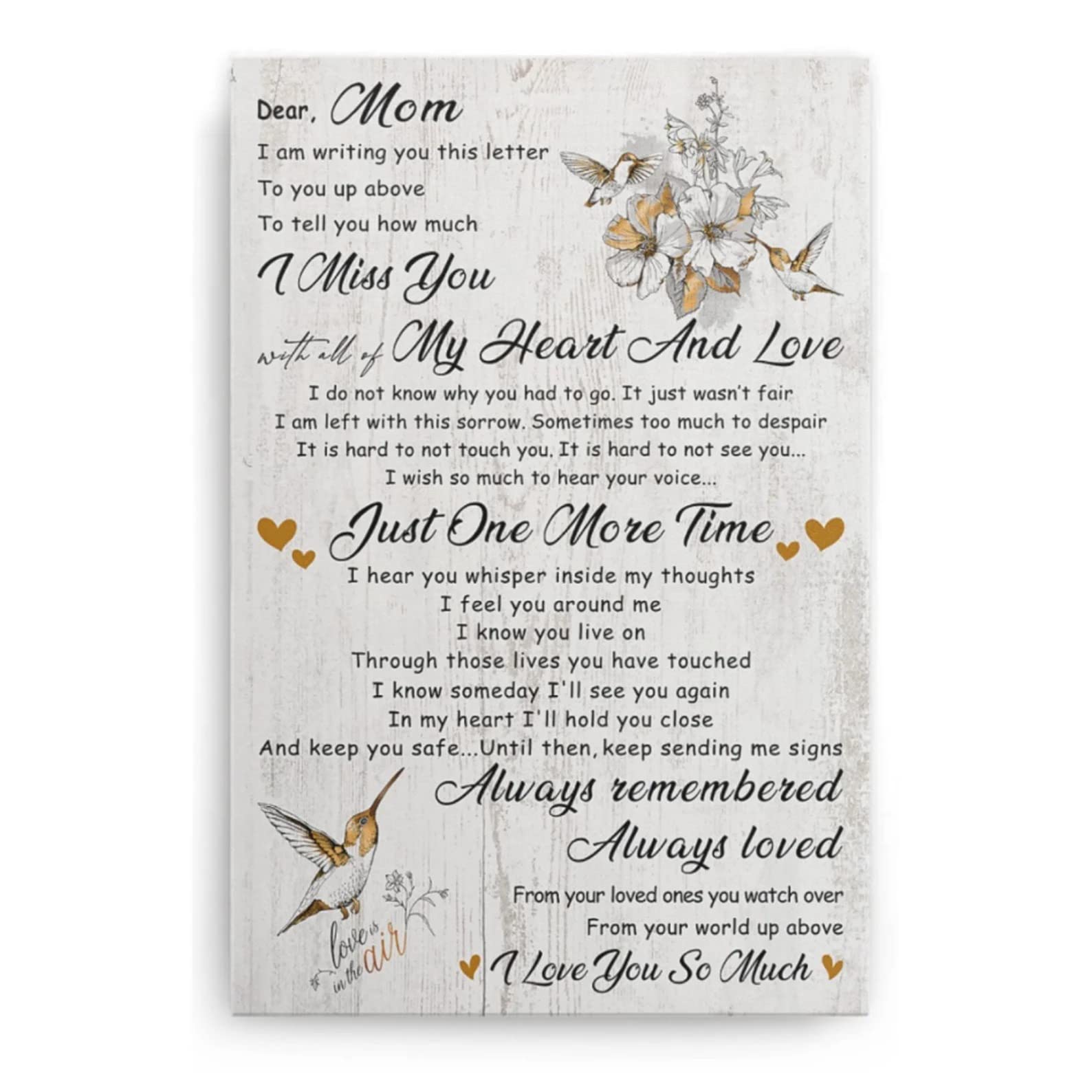 Letter To Mom Poster - Memorial Gift for Mom in Heaven, Family Tribute Canvas Framed Wall Art (24x36 inches) - Perfect for Living Room Decor, Bedroom Memorial, or Sympathy Gift