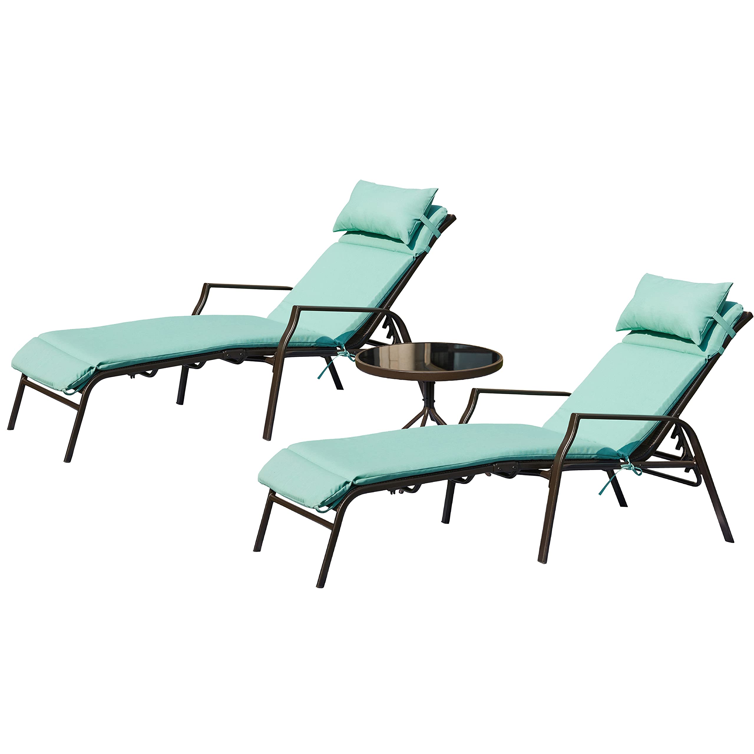LOKATSE HOME 3-Piece Outdoor Patio Chaise Lounge Chair Set with Cushions & Side Table - Light Blue Waterproof Wicker Furniture for Poolside, Garden, Backyard Relaxation
