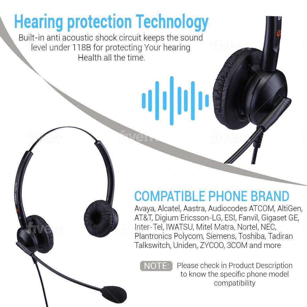 Alcatel-Lucent IP Touch Headset - Compatible with IP 8001G, 8002, 8010, 8018, 8030 & 8040 VoIP Phones - Double Ear Headphones with Noise Canceling Mic & Free RJ9 Cable - Perfect for Office Calls, Remote Work & Customer Service