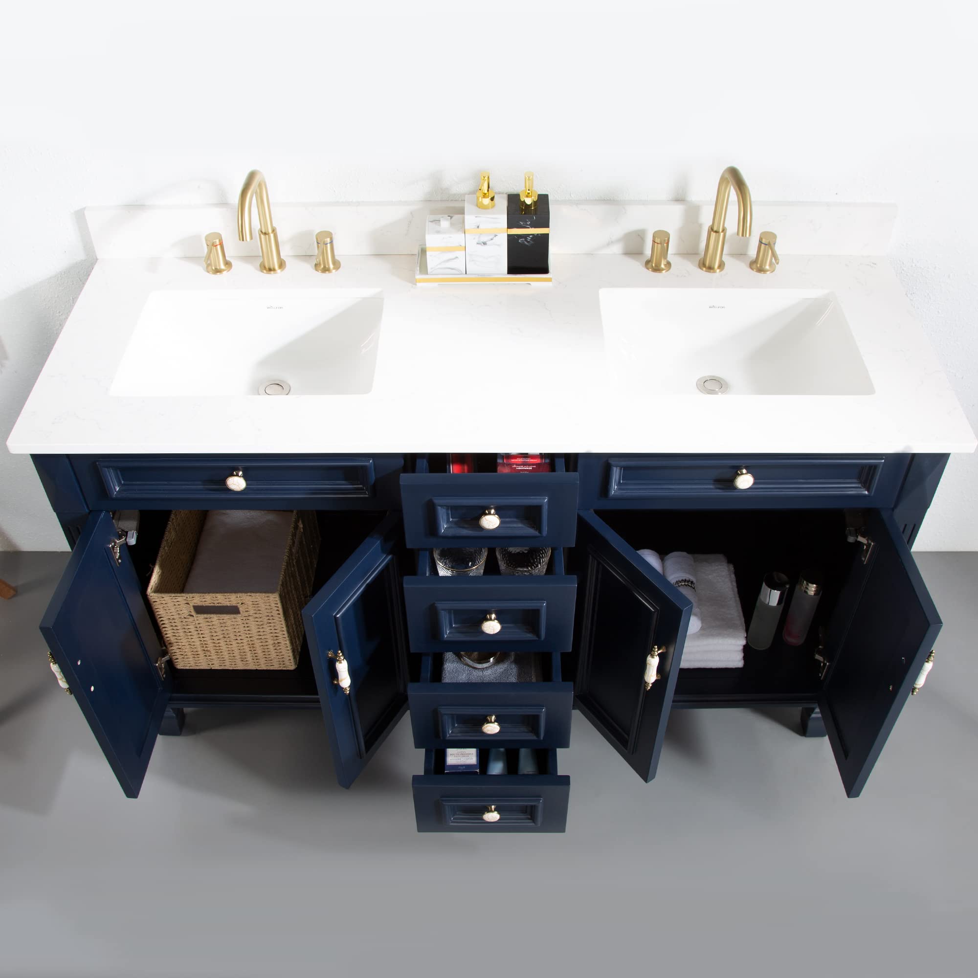 WELLFOR 60 Inch Double Sink Bathroom Vanity Set with Anti-Fog Mirrors, Wood Cabinet with Doors & Drawers, Navy Blue Freestanding Vanity with Quartz Countertop - Perfect for Master Bathroom, Guest Bath & Powder Room Renovations