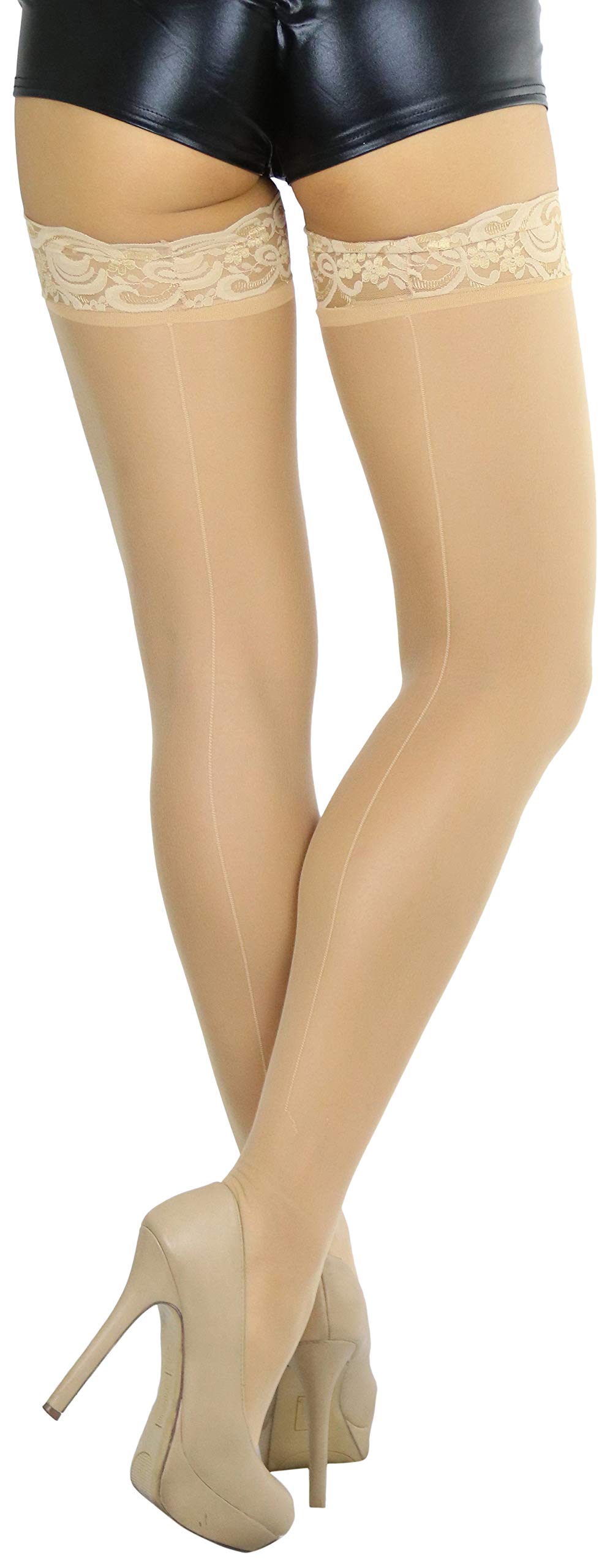 ToBeInStyle Women’s Classic Backseam Thigh High Stockings with Floral Lace Top - Sexy Hosiery for Date Night, Cosplay & Special Occasions