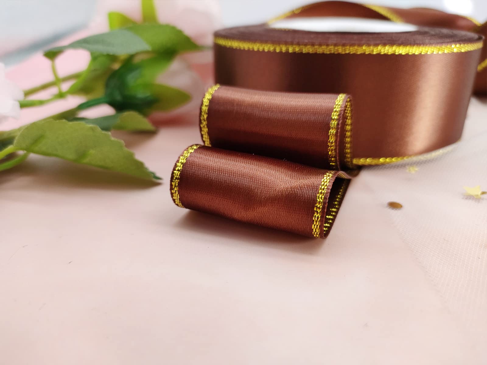 1 1/2 Inch 25 Yards Brown Satin Ribbon with Golden Edge - Double Faced Gift Wrapping Ribbon for Wedding, Baby Shower, Party Decorations & DIY Crafts - Perfect for Gift Packaging, Scrapbooking & Home Decoration