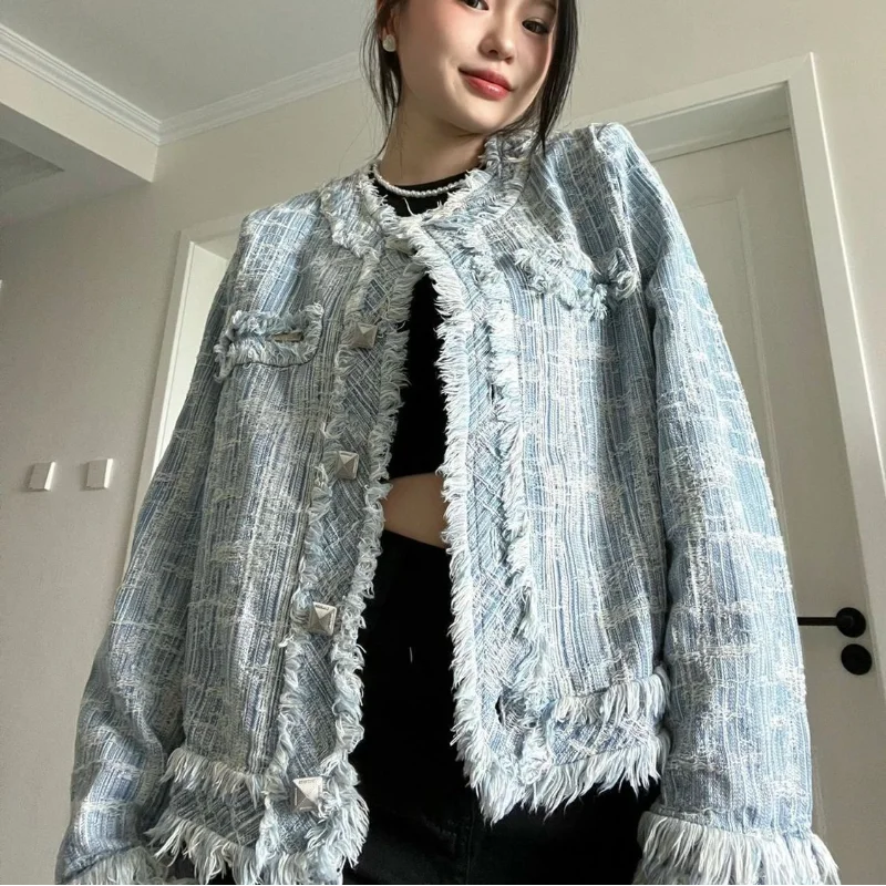 Women's Blue Denim Jacket - American Street Style Oversized Coat for Fall & Winter | Fashionable & Versatile Outerwear for Casual Wear, Layering & Street Fashion