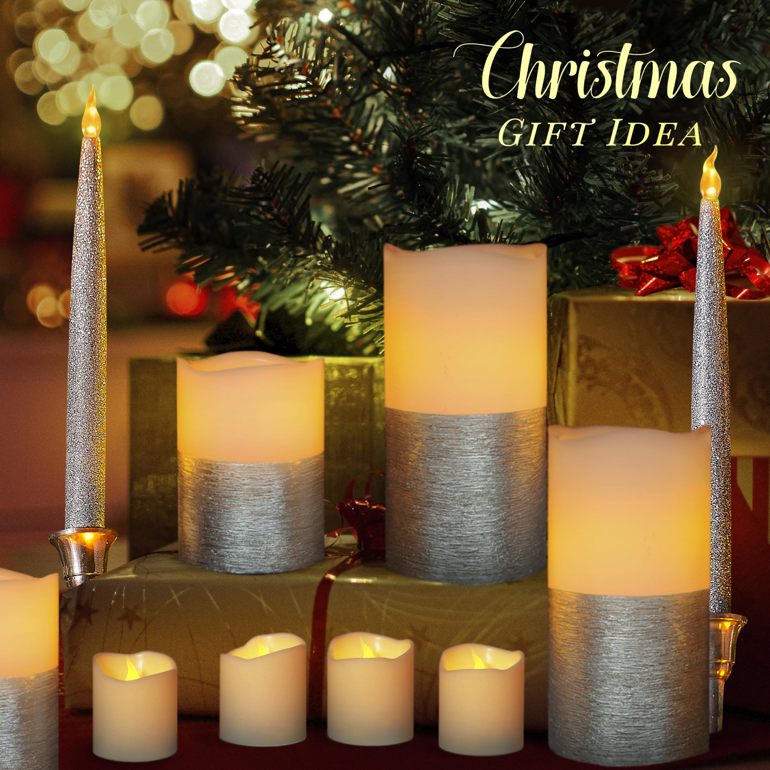 Flameless Candles with Remote & Timer - Silver Battery Operated for Christmas Decor