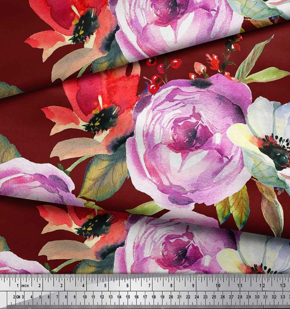 Soimoi Moss Georgette Red Fabric by The Yard - 42 Inch Wide Floral Printed Fabric with Leaves & Peony Design for DIY Crafts, Dresses, Curtains & Home Decor - Lightweight & Elegant Fabric for Sewing Projects