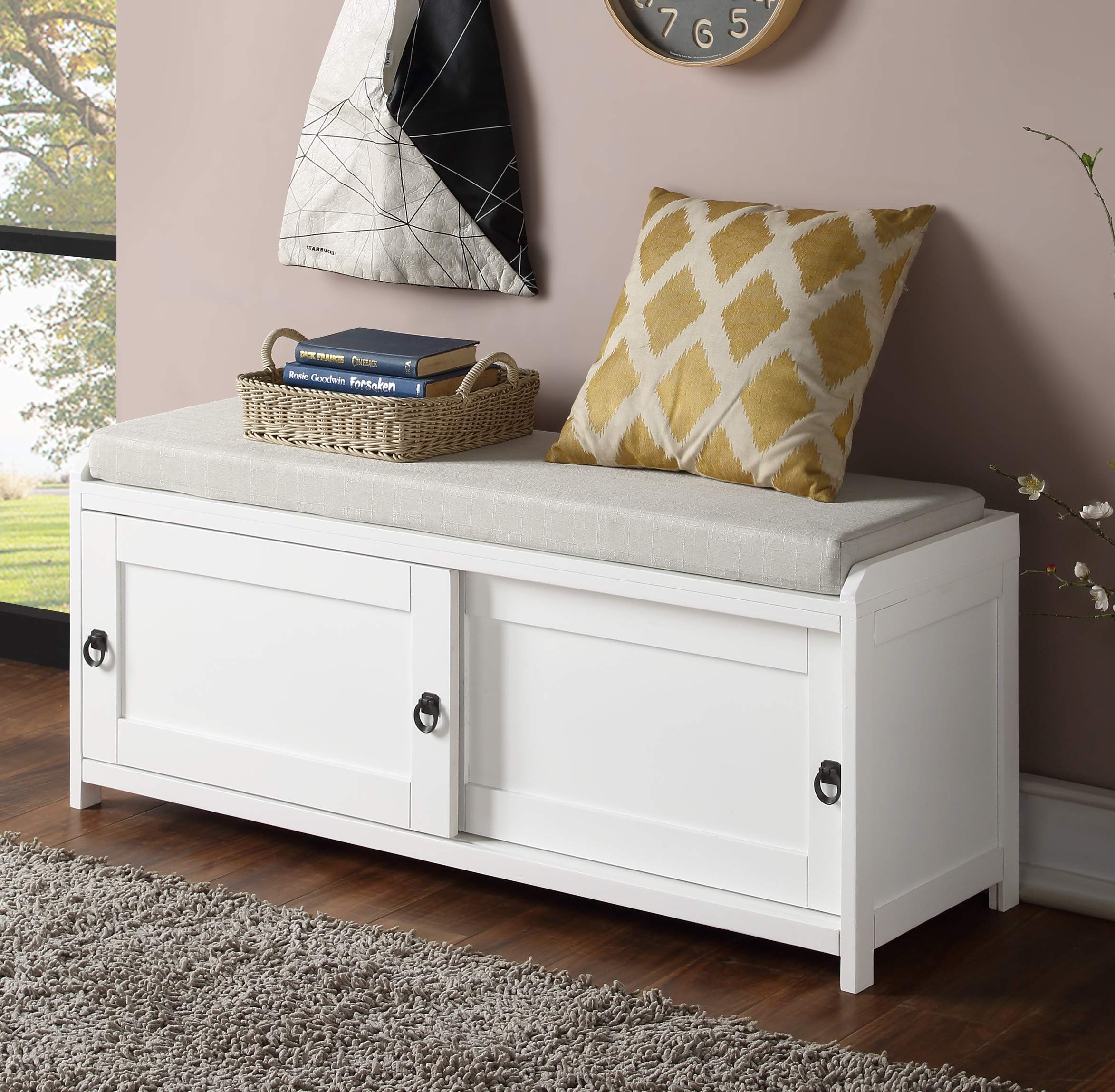 Modern Farmhouse Sliding Barn Door Storage Bench with 2 Cabinets - White Wooden Entryway Shoe Bench for Hallway, Mudroom & Living Room - Perfect for Organizing Shoes, Hats & Seasonal Items in Small Spaces